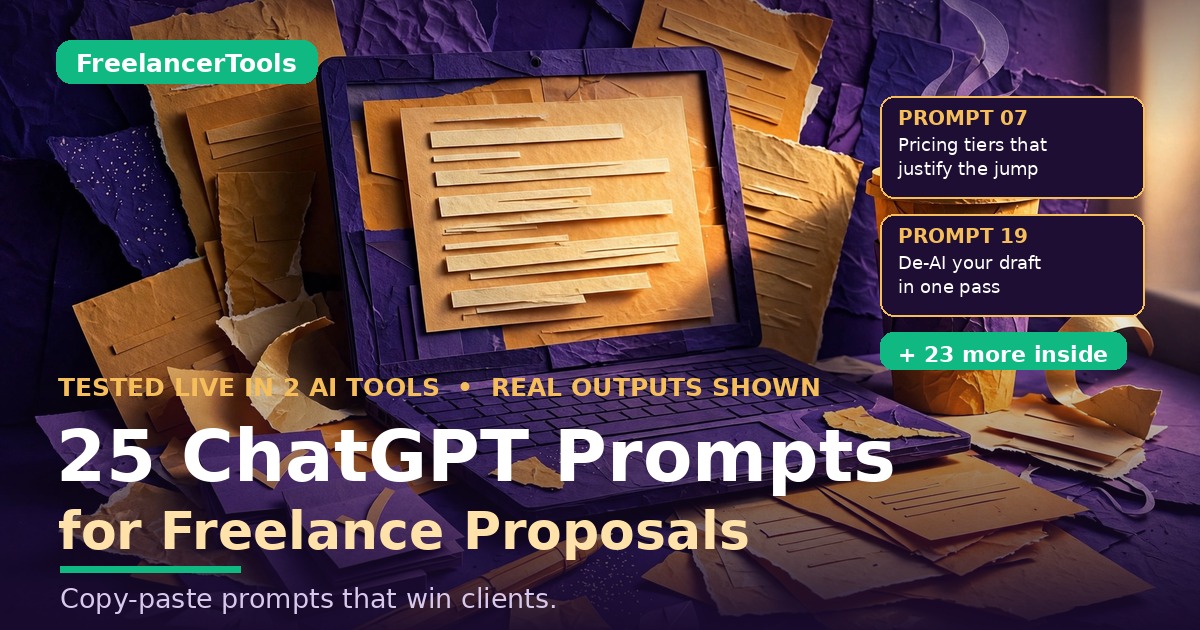 Custom hero image for 25 ChatGPT prompts for freelance proposals — royal purple editorial collage with title text