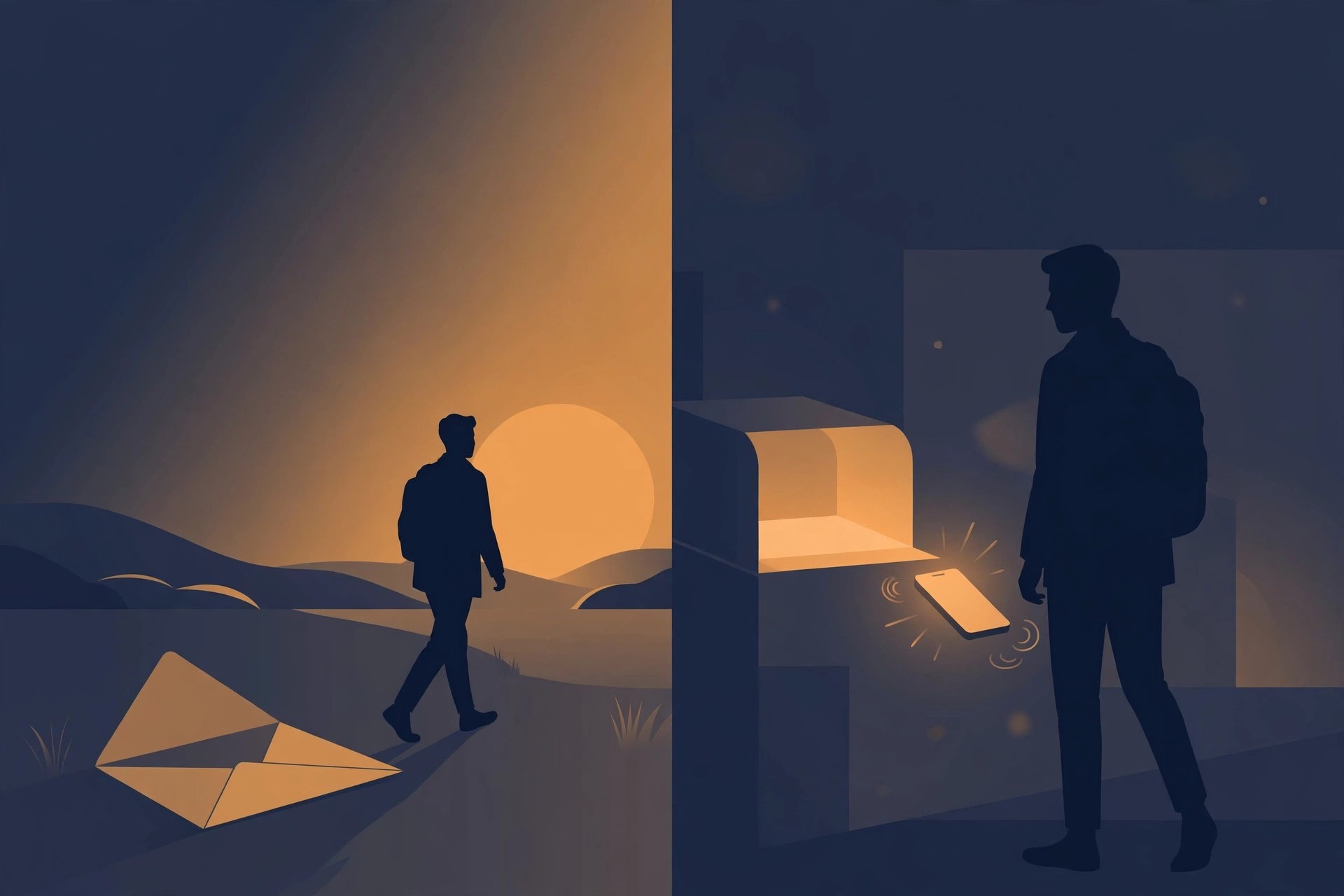 Illustration of a split scene: a silhouette walking away from an open envelope toward sunset, and turning back toward a glowing inbox