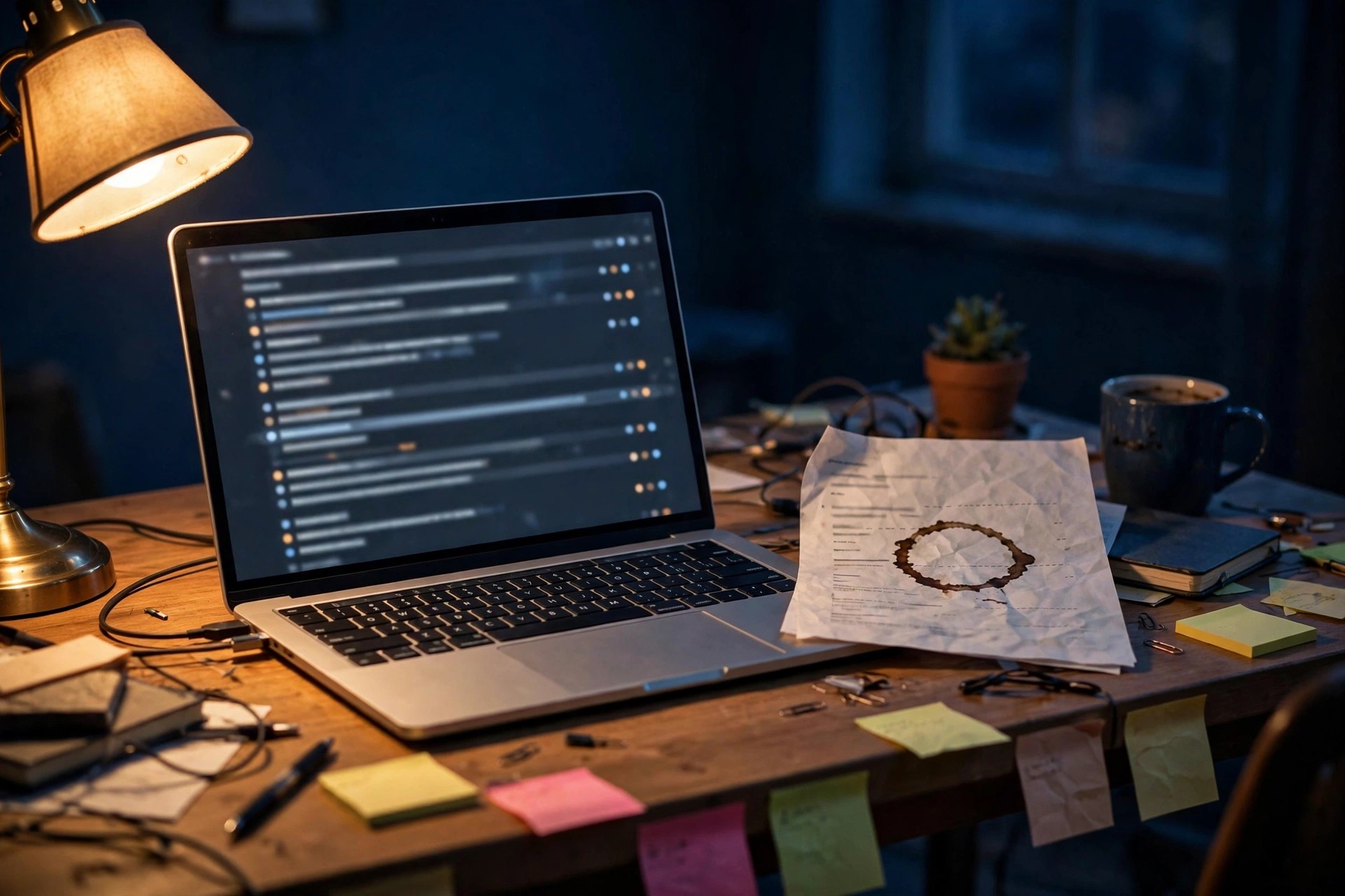Illustration of a freelancer's desk at night: a laptop showing unread follow-up email threads beside a paper proposal document