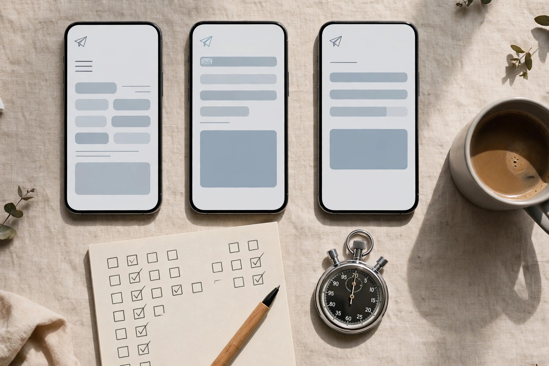 Illustration of a freelancer testing email tools: phone screens showing email compose windows, a checklist notepad and a stopwatch