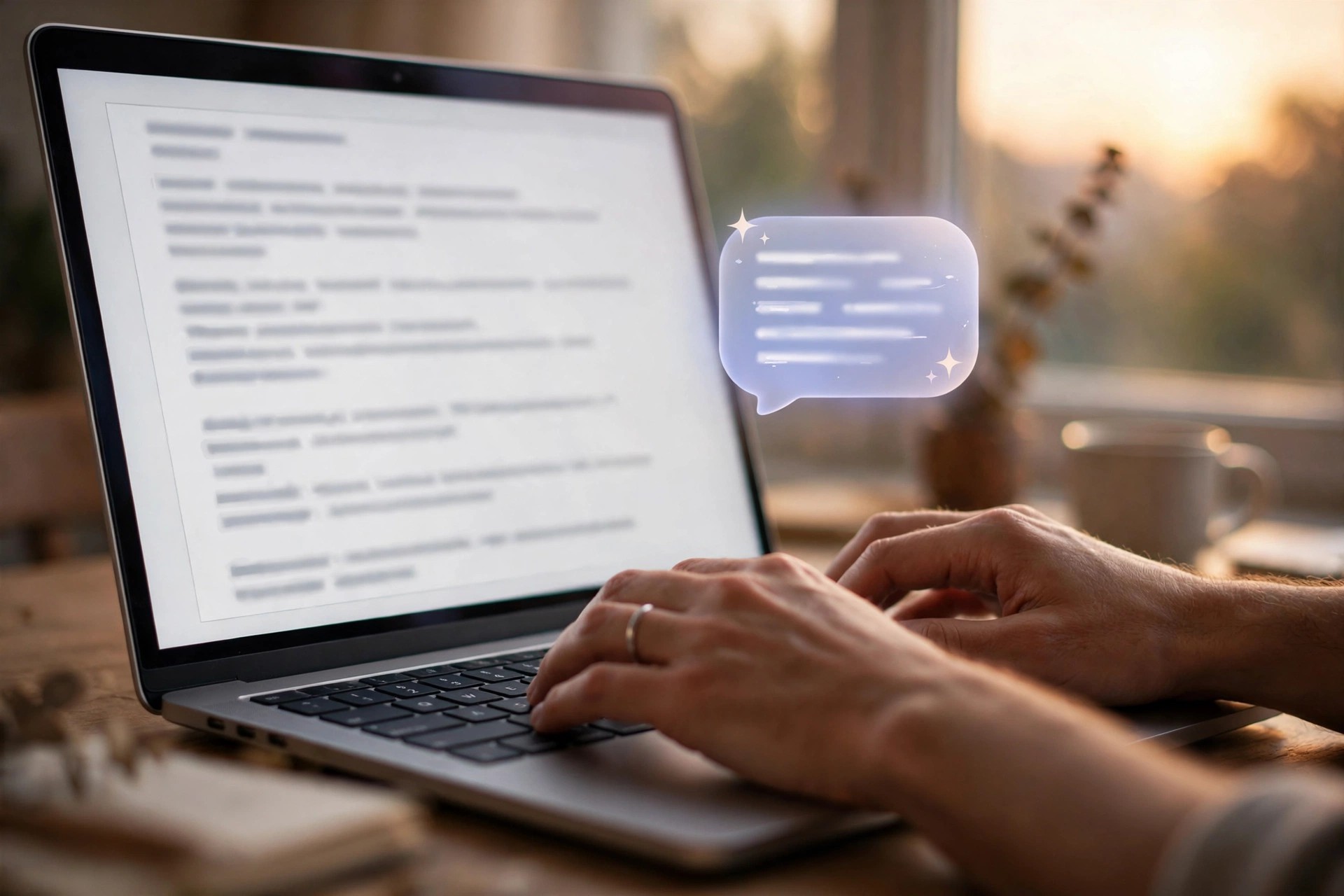 Illustration of hands typing on a laptop keyboard with an AI suggestion bubble beside a draft email
