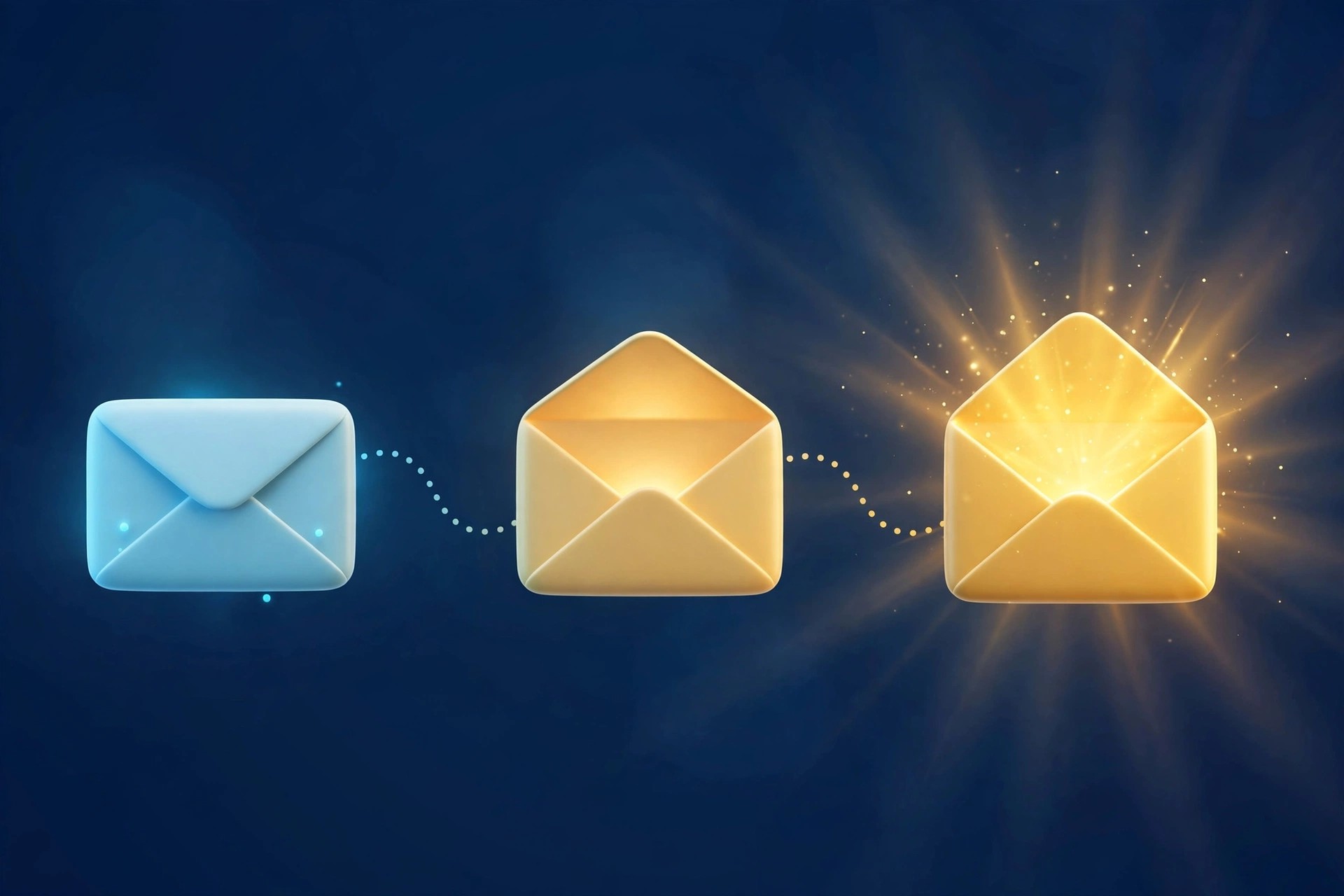 Illustration of three glowing envelopes connected by a dotted timeline path, each progressively more open
