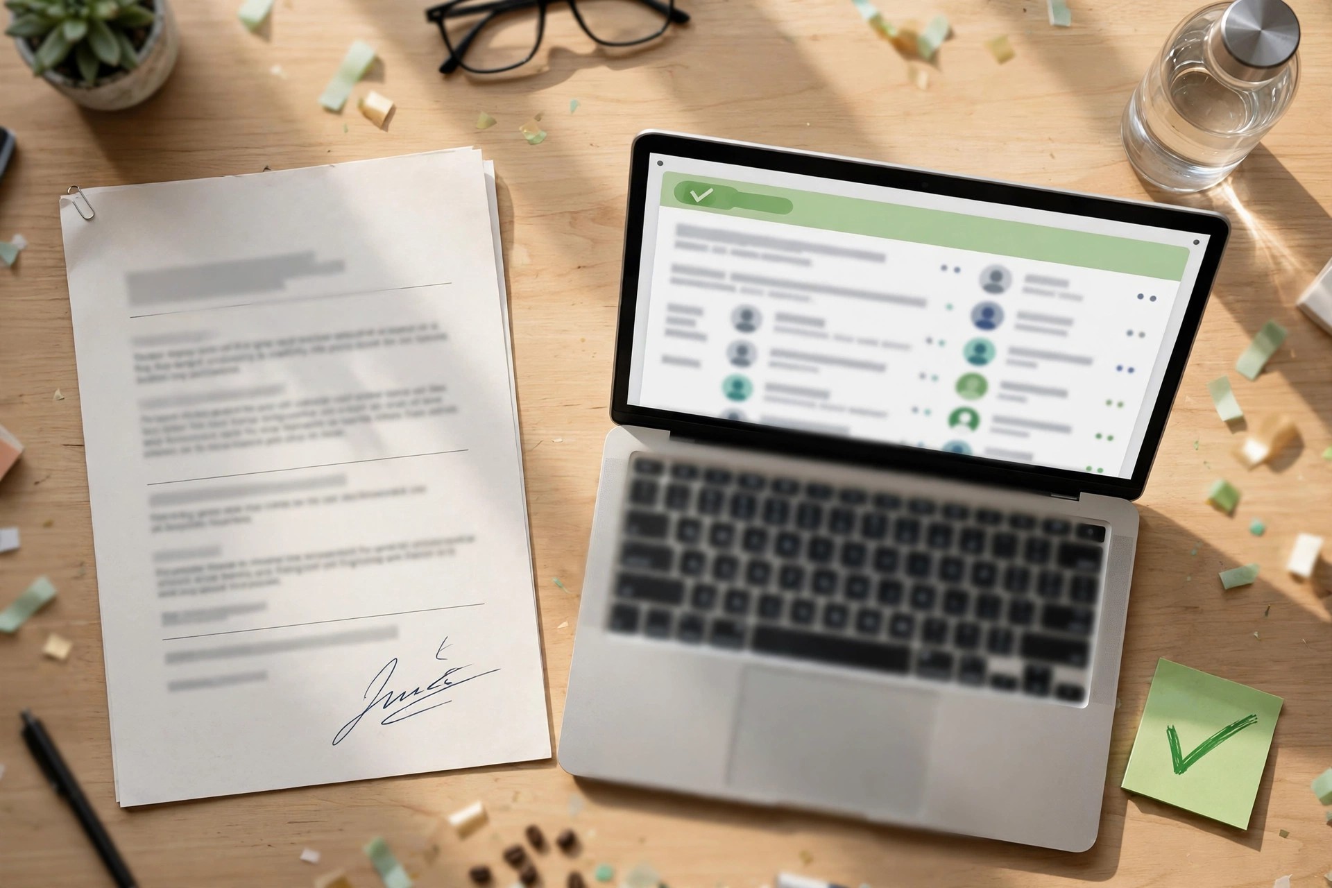 Illustration of a signed freelance contract on a desk next to a laptop showing an accepted proposal