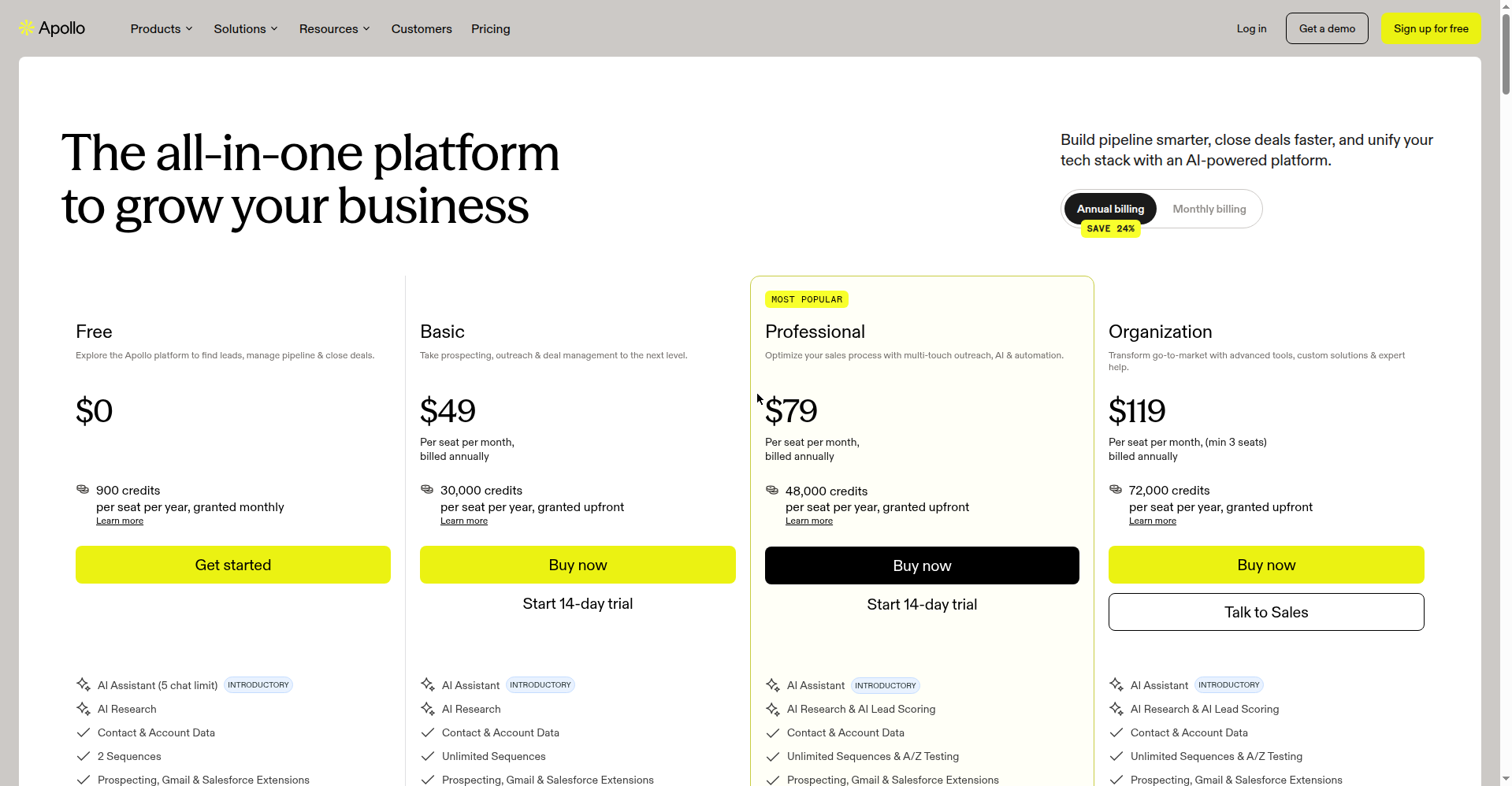 Apollo.io pricing page October 2026 showing the free plan and paid tiers