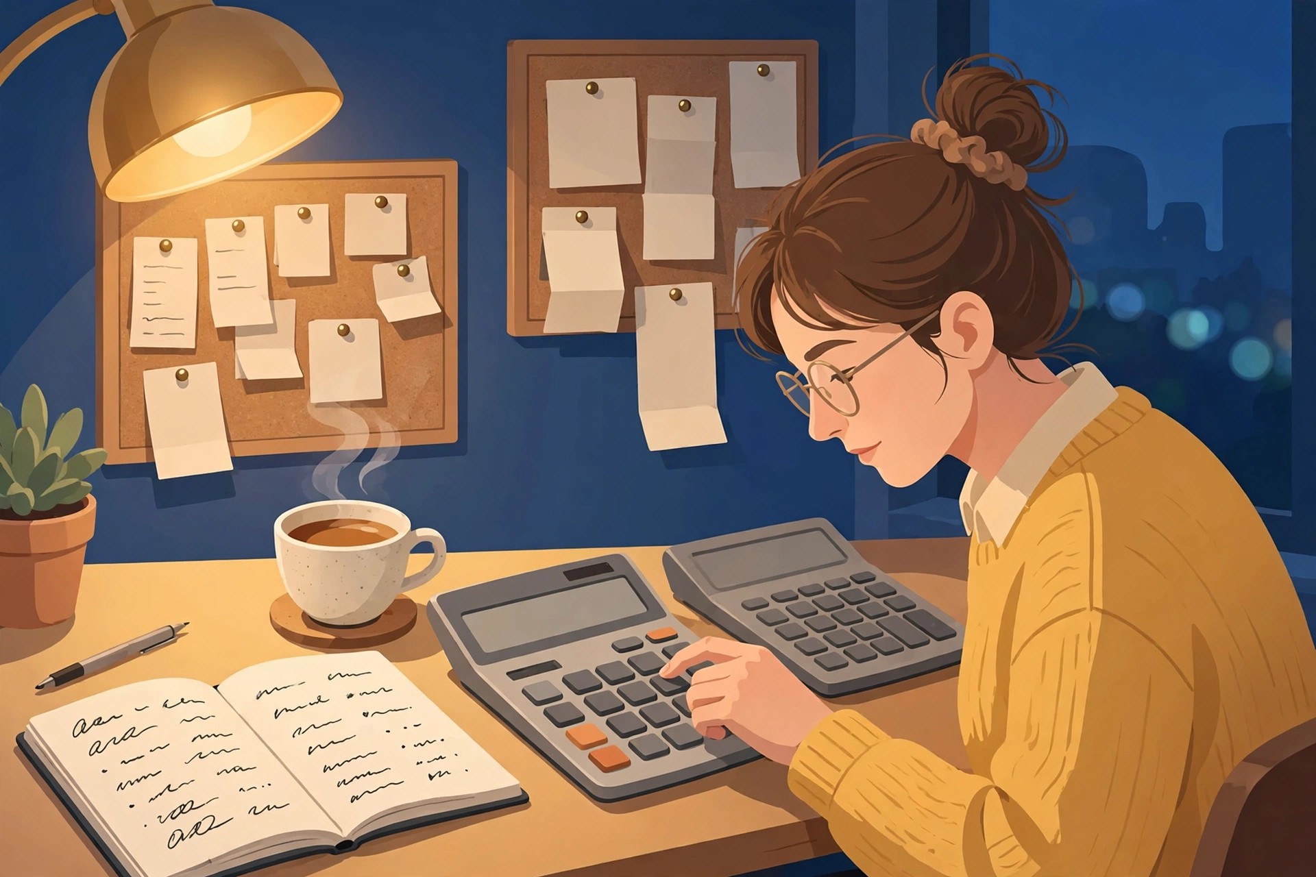 Illustration of a freelancer calculating business costs on a calculator to set an hourly rate floor