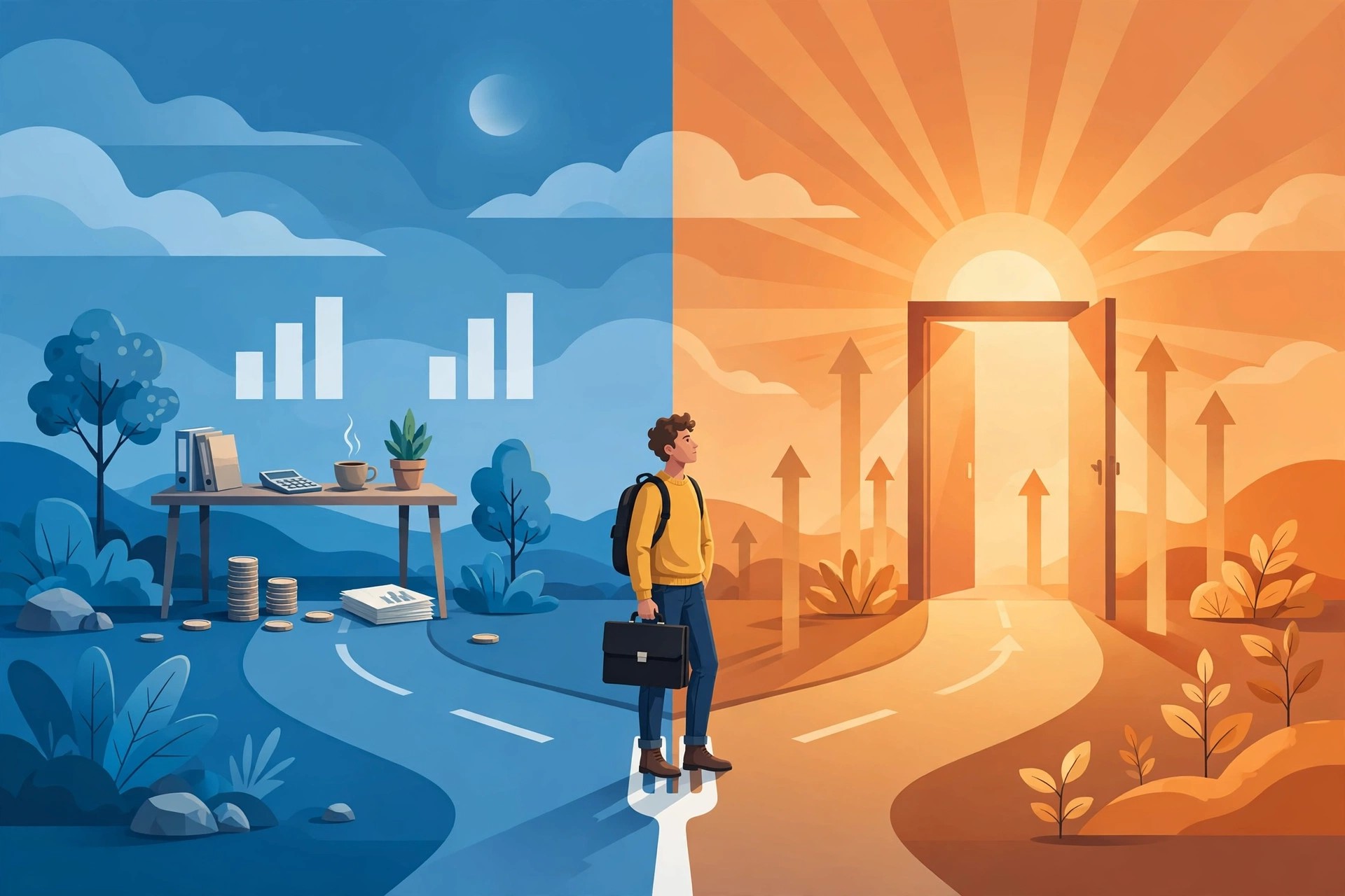 Illustration of a freelancer at a crossroads choosing between cost-plus and value-based pricing paths