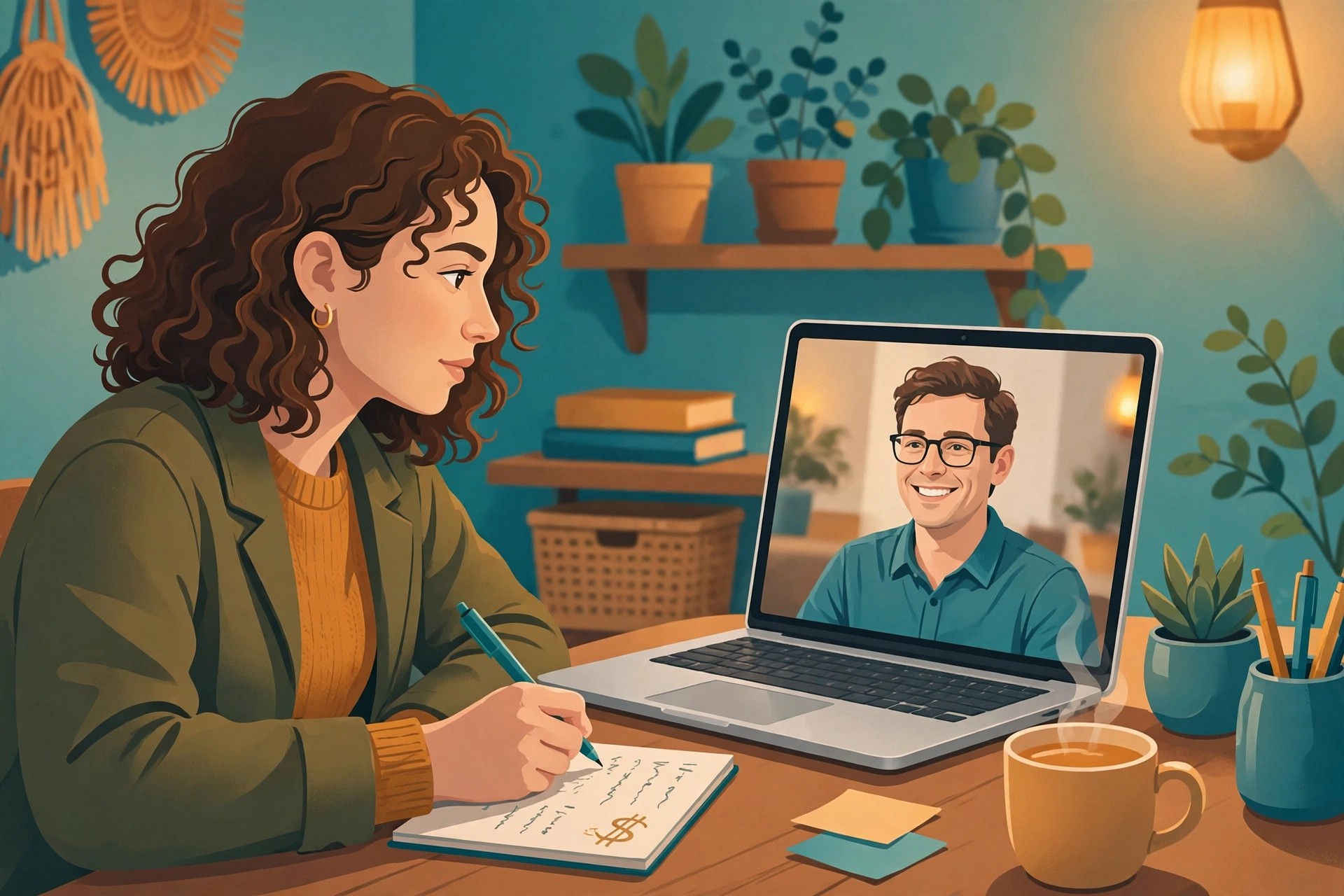 Illustration of a freelancer on a video discovery call with a client, taking notes