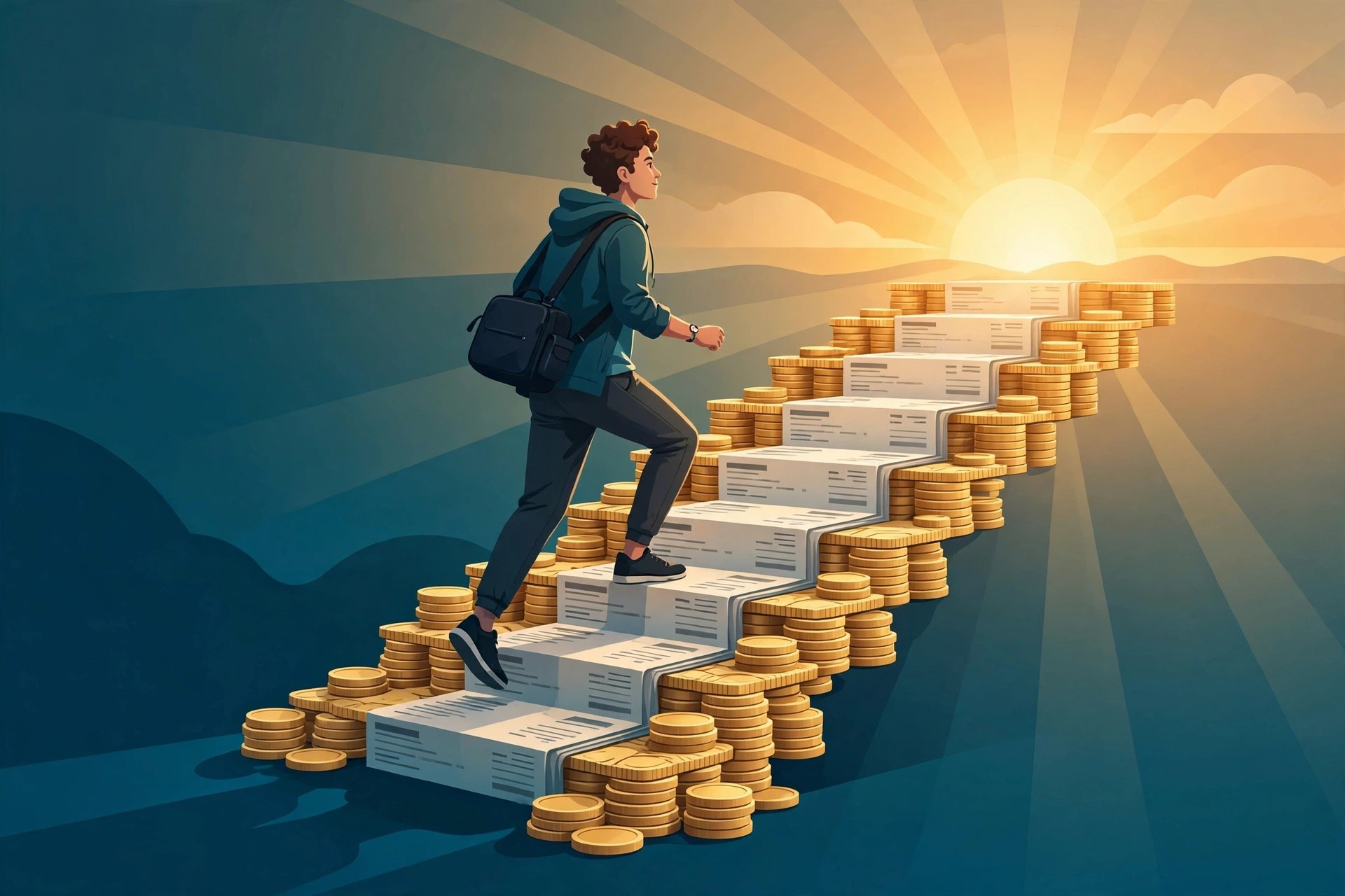Illustration of a freelancer climbing stairs made of coins toward a sunrise, representing growing freelance income