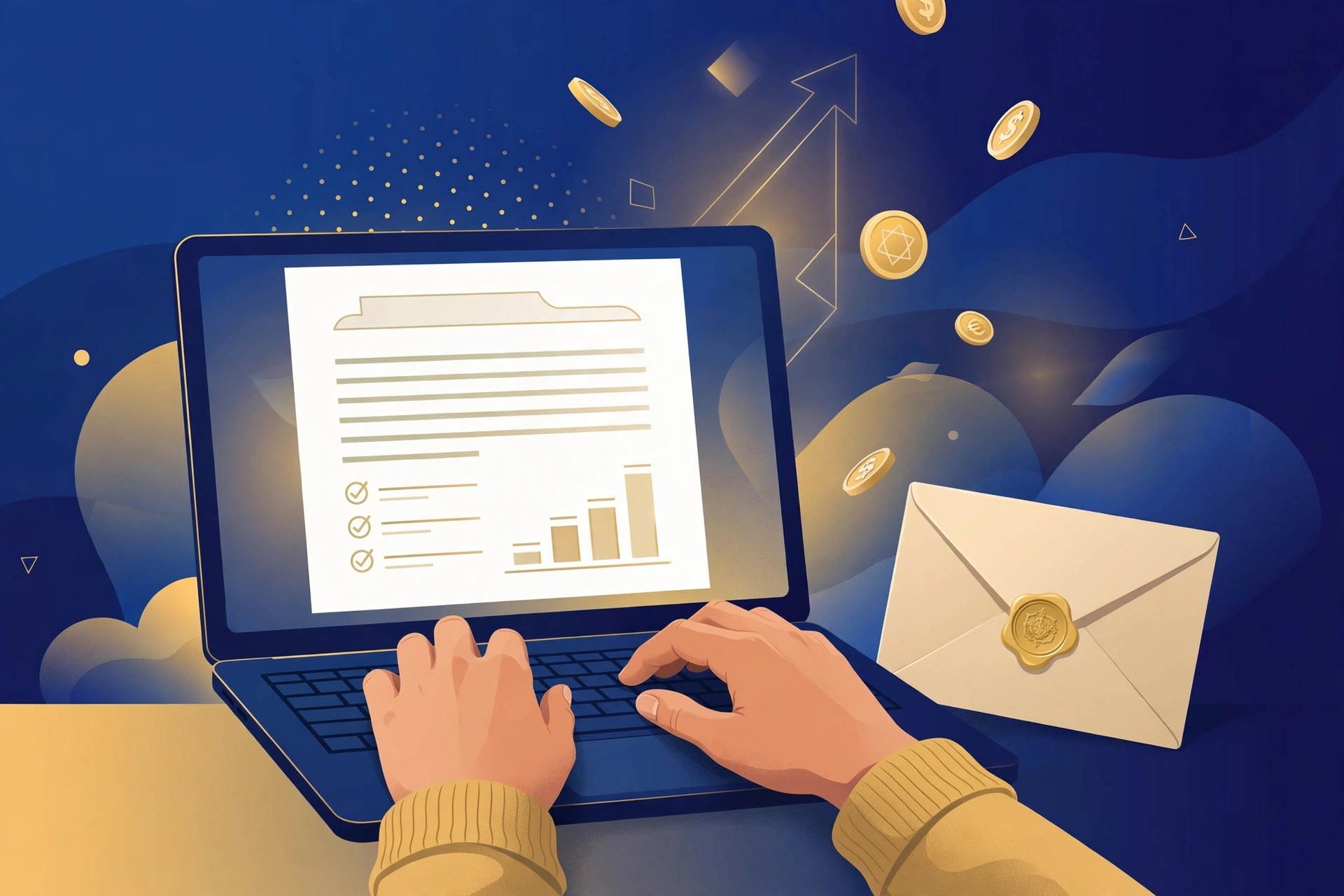 Illustration of a freelancer preparing a project quote proposal on a laptop