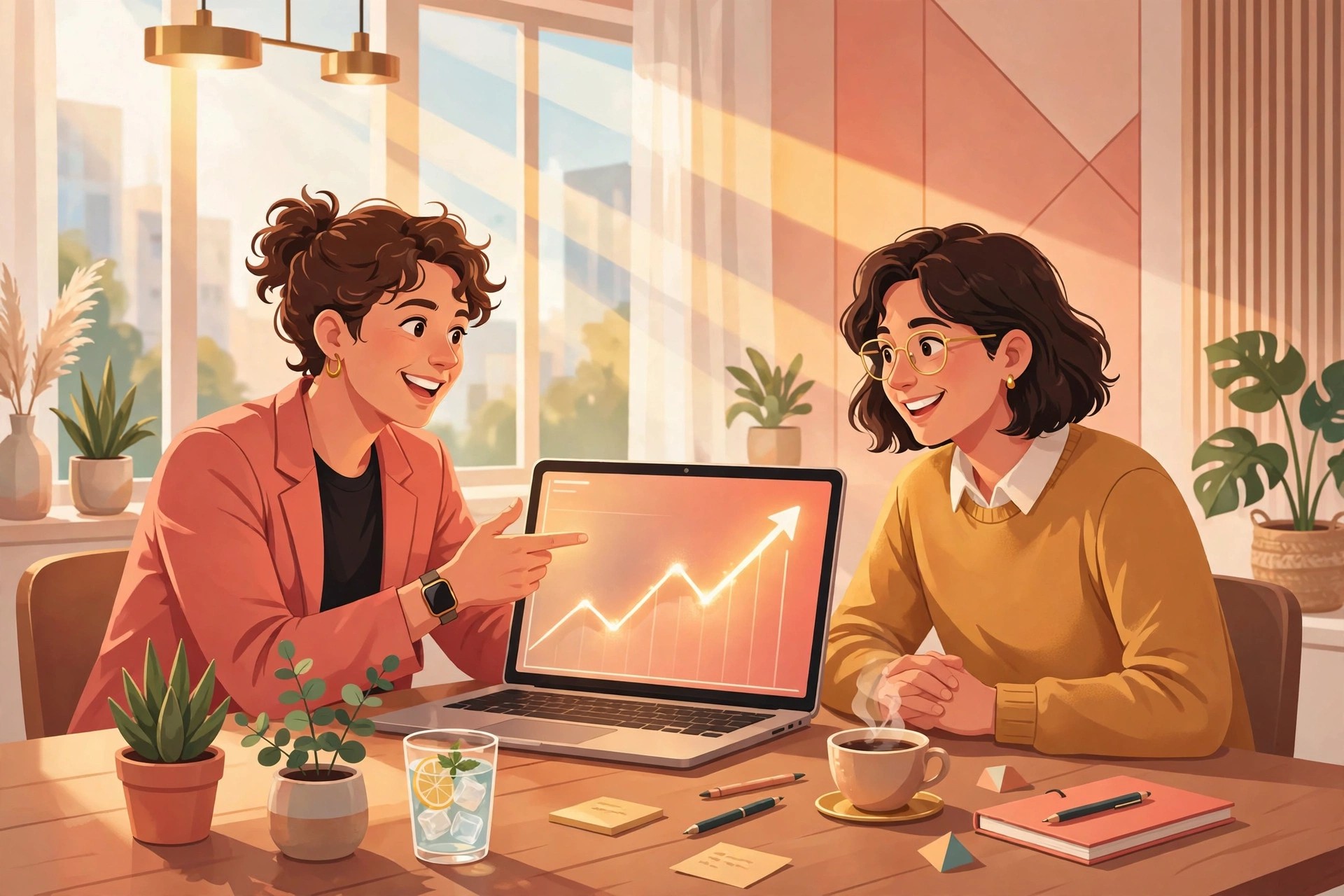 Illustration of a freelancer presenting revenue growth results to a client during a value-based pricing discussion