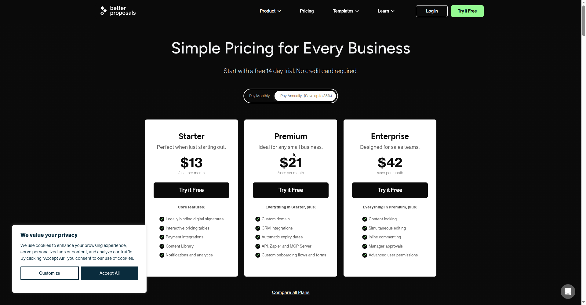 Screenshot of Better Proposals pricing page showing Starter, Premium and Enterprise tiers