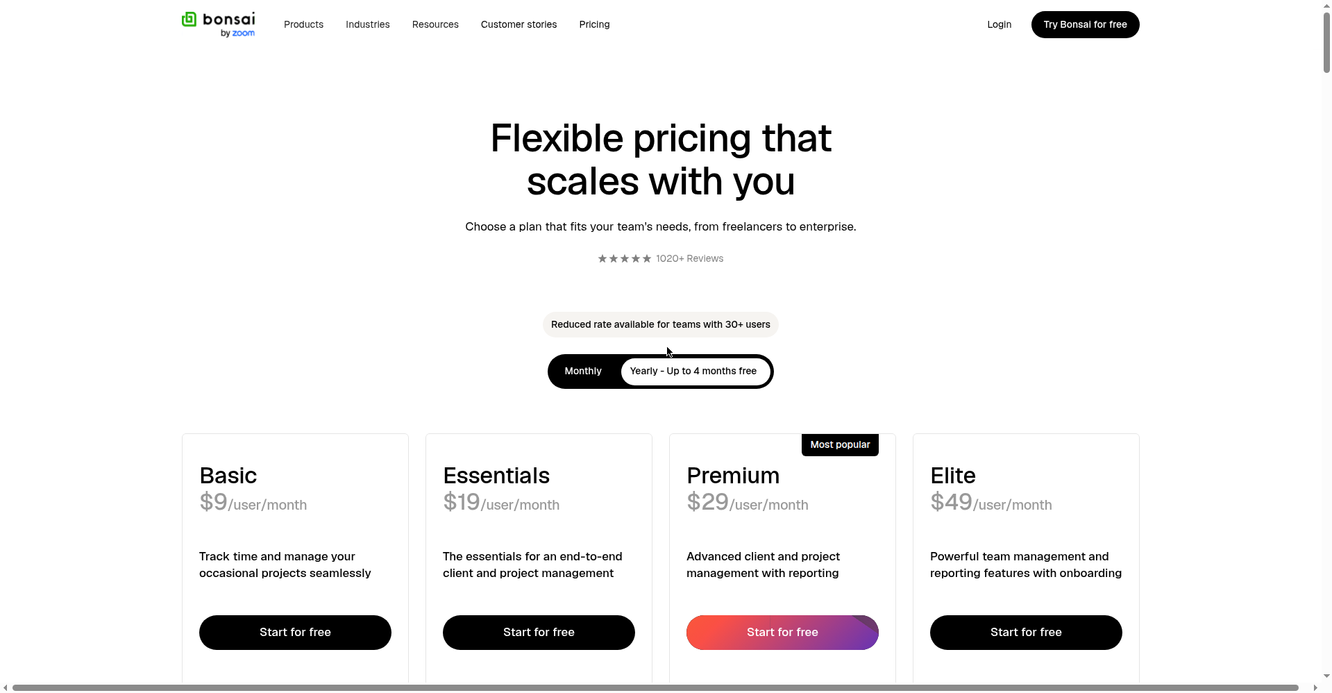 Screenshot of Bonsai's pricing page showing plan tiers from October 2026
