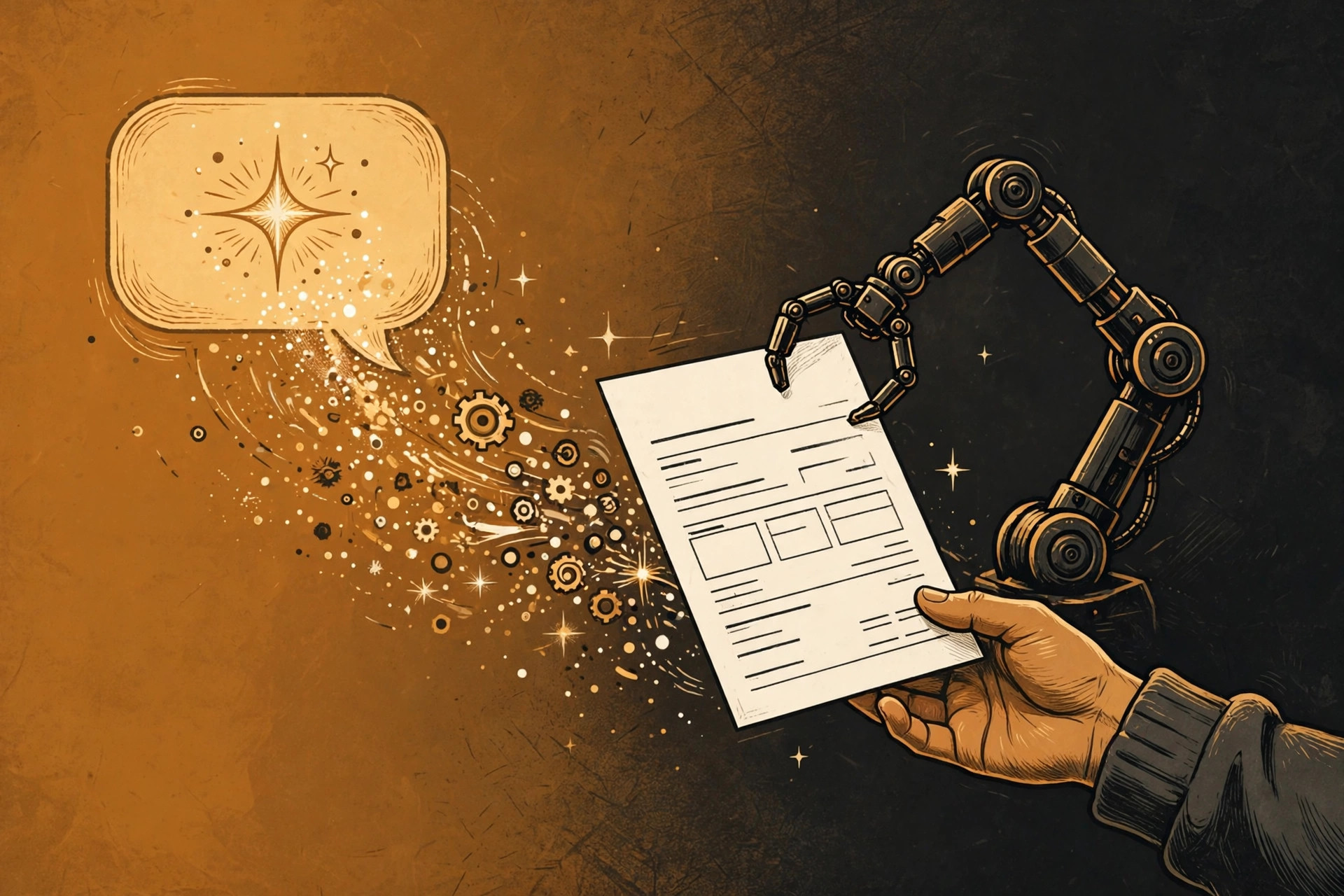 Illustration of an AI chat bubble transforming into a finished invoice handed to a freelancer