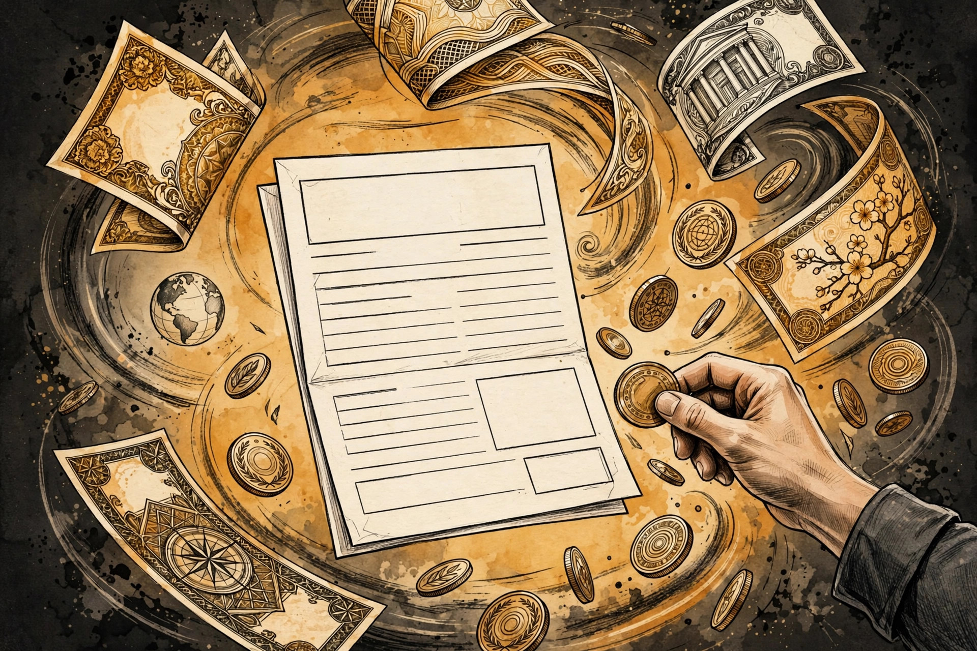 Illustration of an invoice surrounded by international currencies and a globe