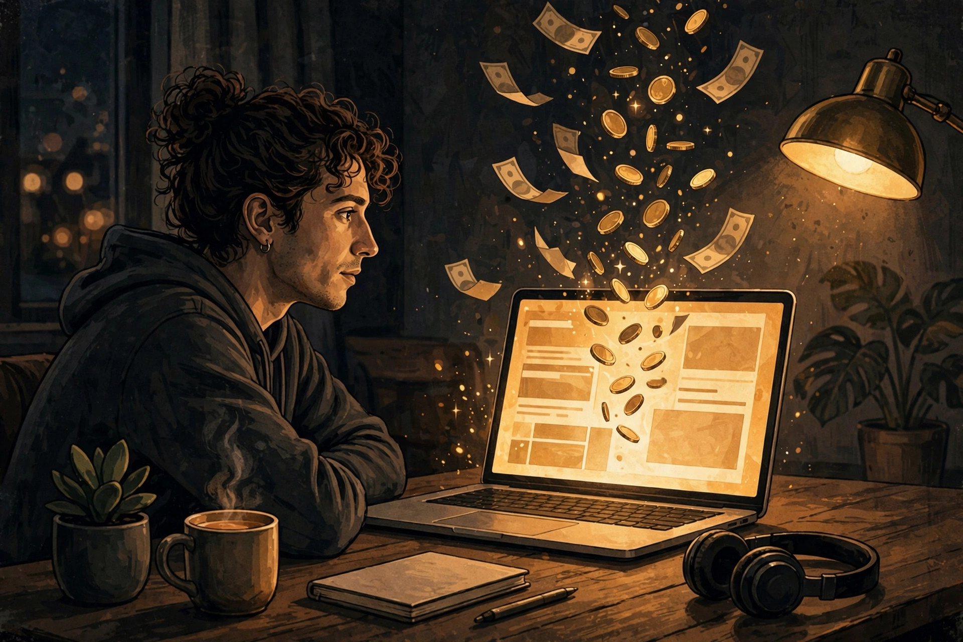 Illustration of a freelancer at a desk watching an invoice on a laptop turn into floating coins