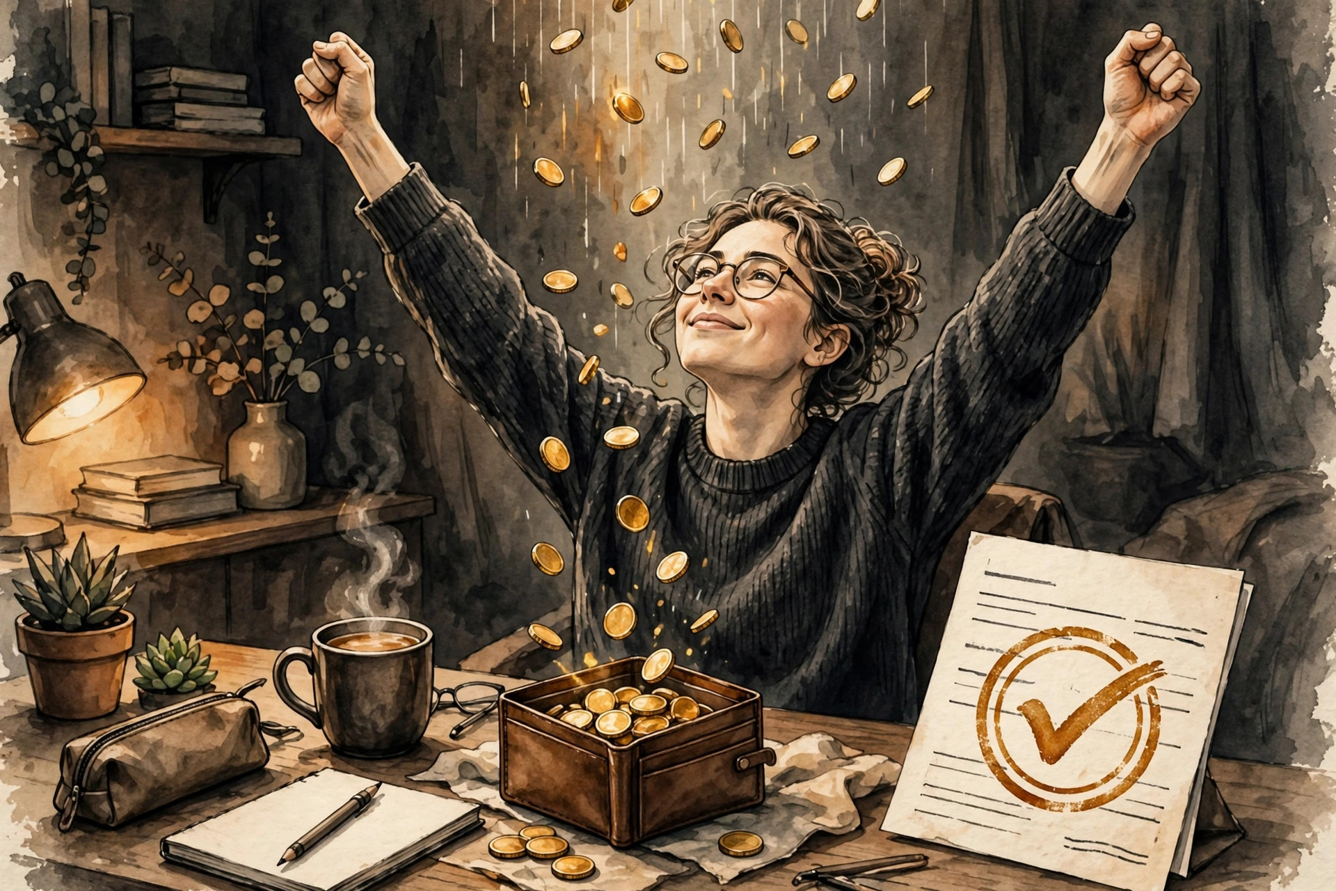 Illustration of a freelancer celebrating as coins fall into a wallet beside a paid invoice
