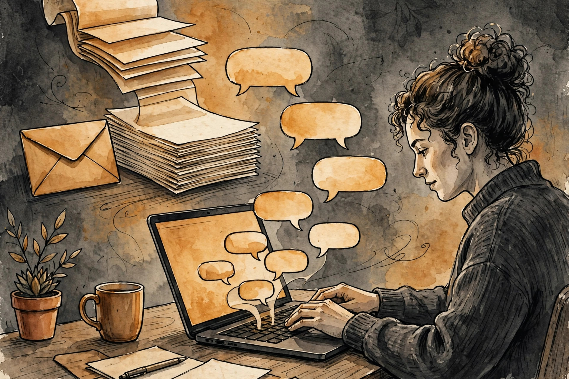 Illustration of a freelancer typing prompts on a laptop that turn into stacked invoices