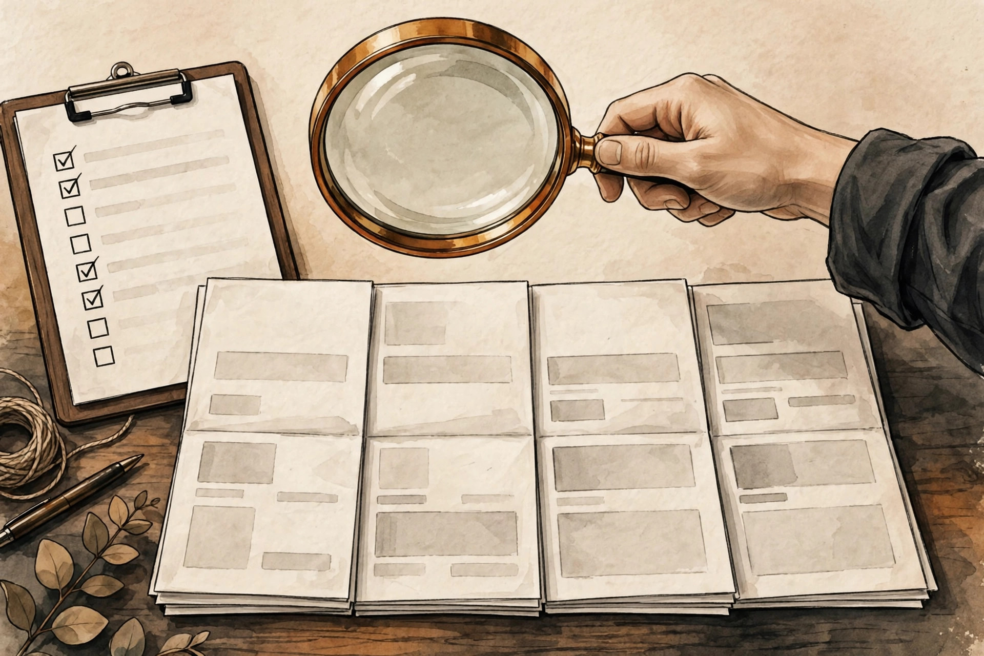 Illustration of a magnifying glass inspecting a row of invoice documents with a checklist