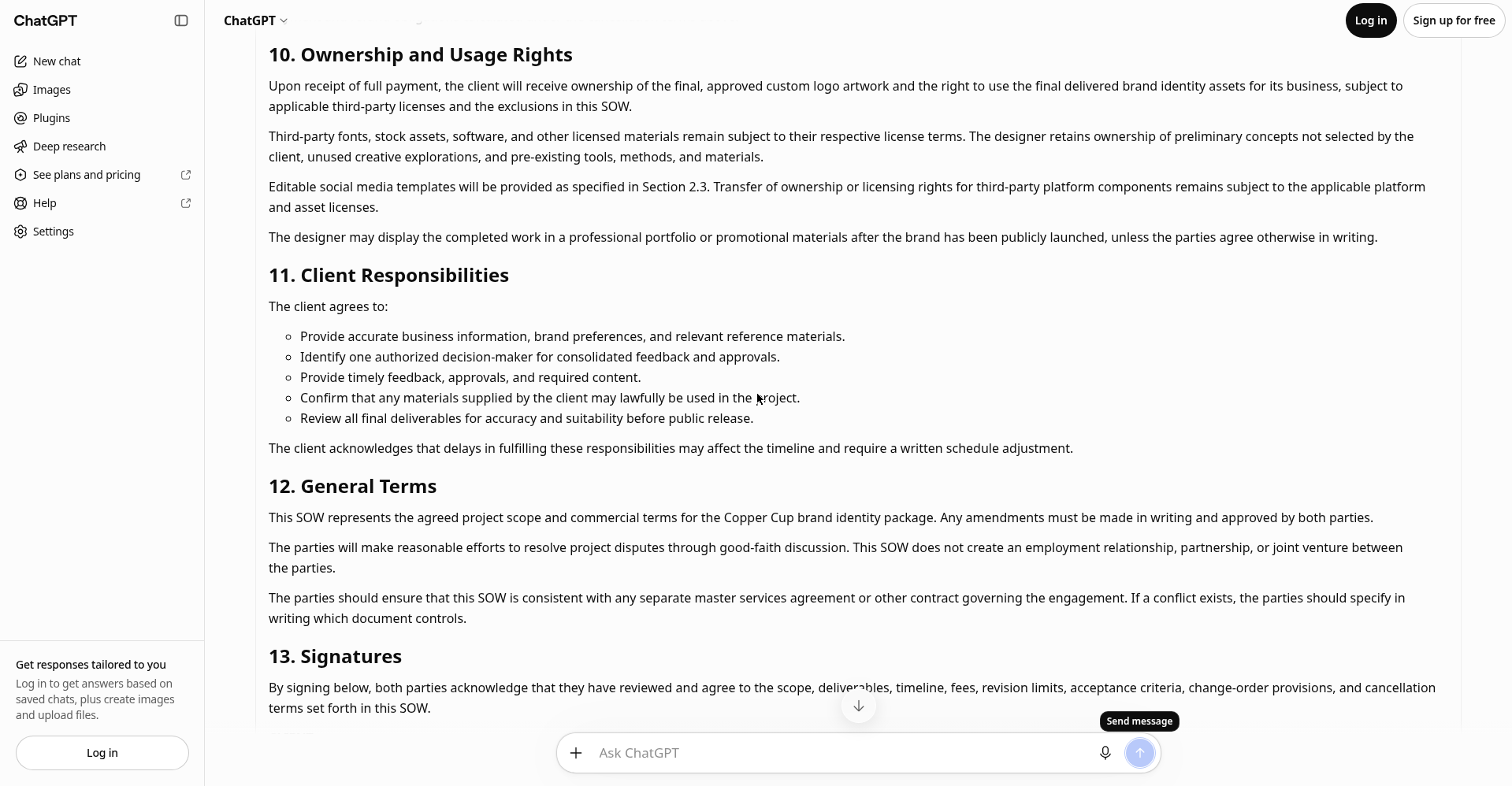 ChatGPT-generated scope of work showing ownership rights, client responsibilities and signature sections