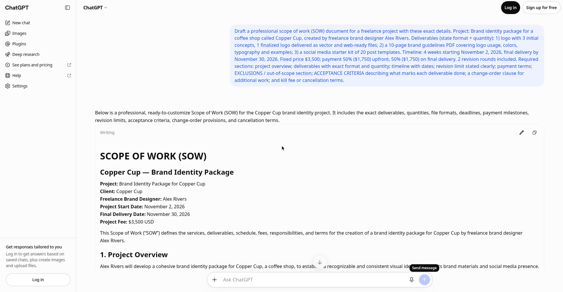 ChatGPT guest mode generating a freelance scope of work from a detailed prompt, no login required
