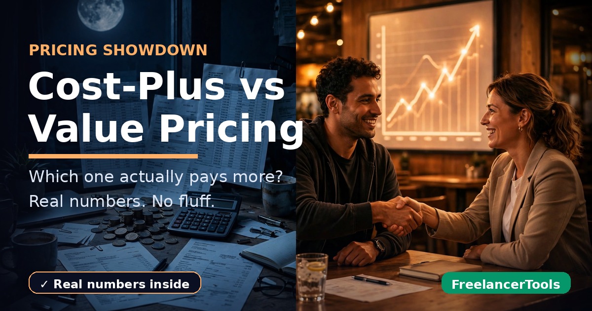 Cost-plus vs value pricing for freelancers — split-screen illustration of a calculator desk and a client handshake