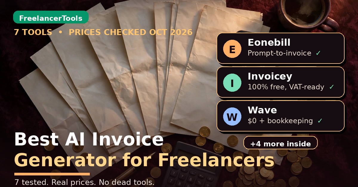 Custom hero illustration for the best AI invoice generator for freelancers guide showing an invoicing workspace with floating tool cards