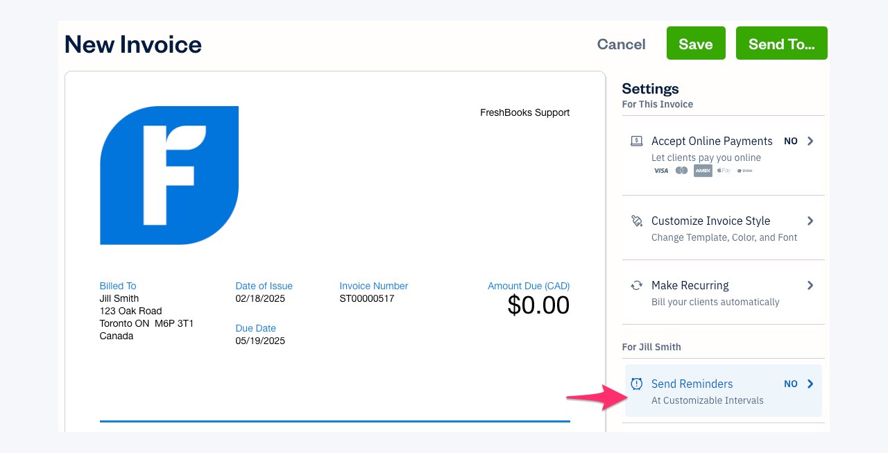 FreshBooks' Send Reminders setting inside a client profile (official help documentation)