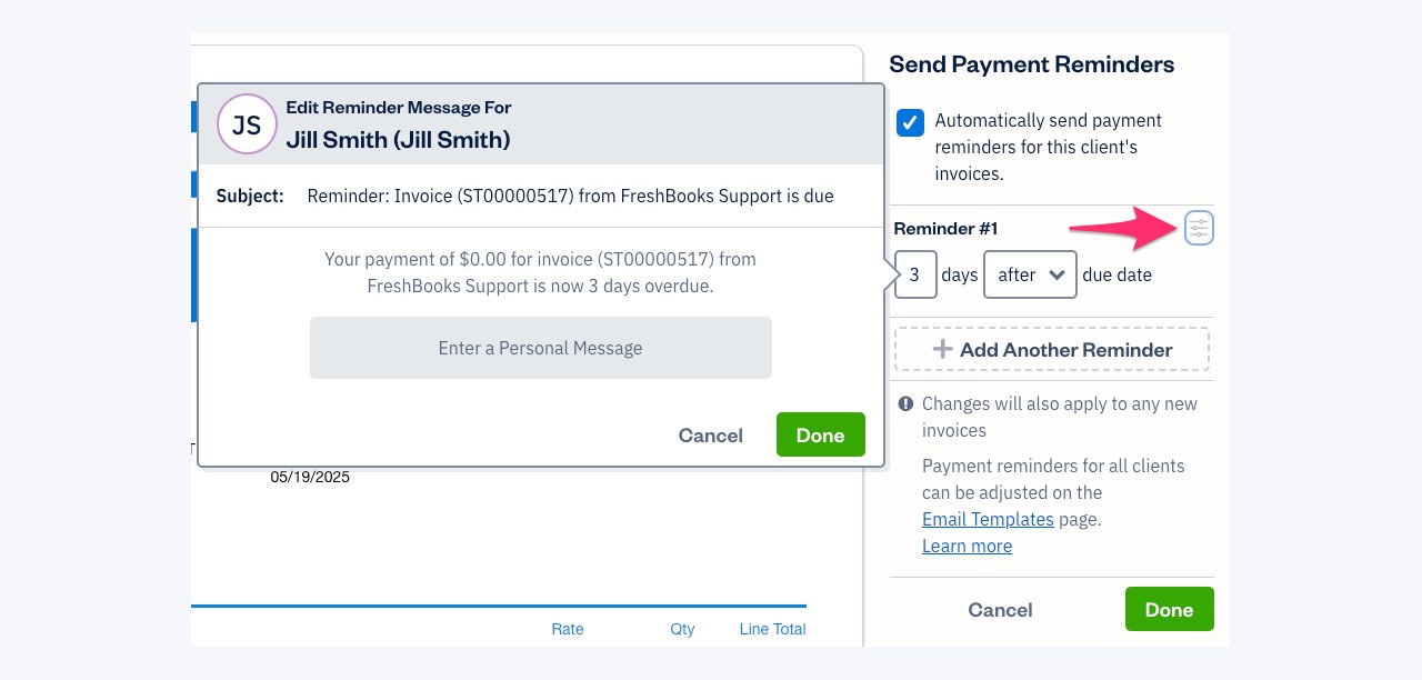 Customizing the reminder email wording in FreshBooks with a personal message (official help documentation)