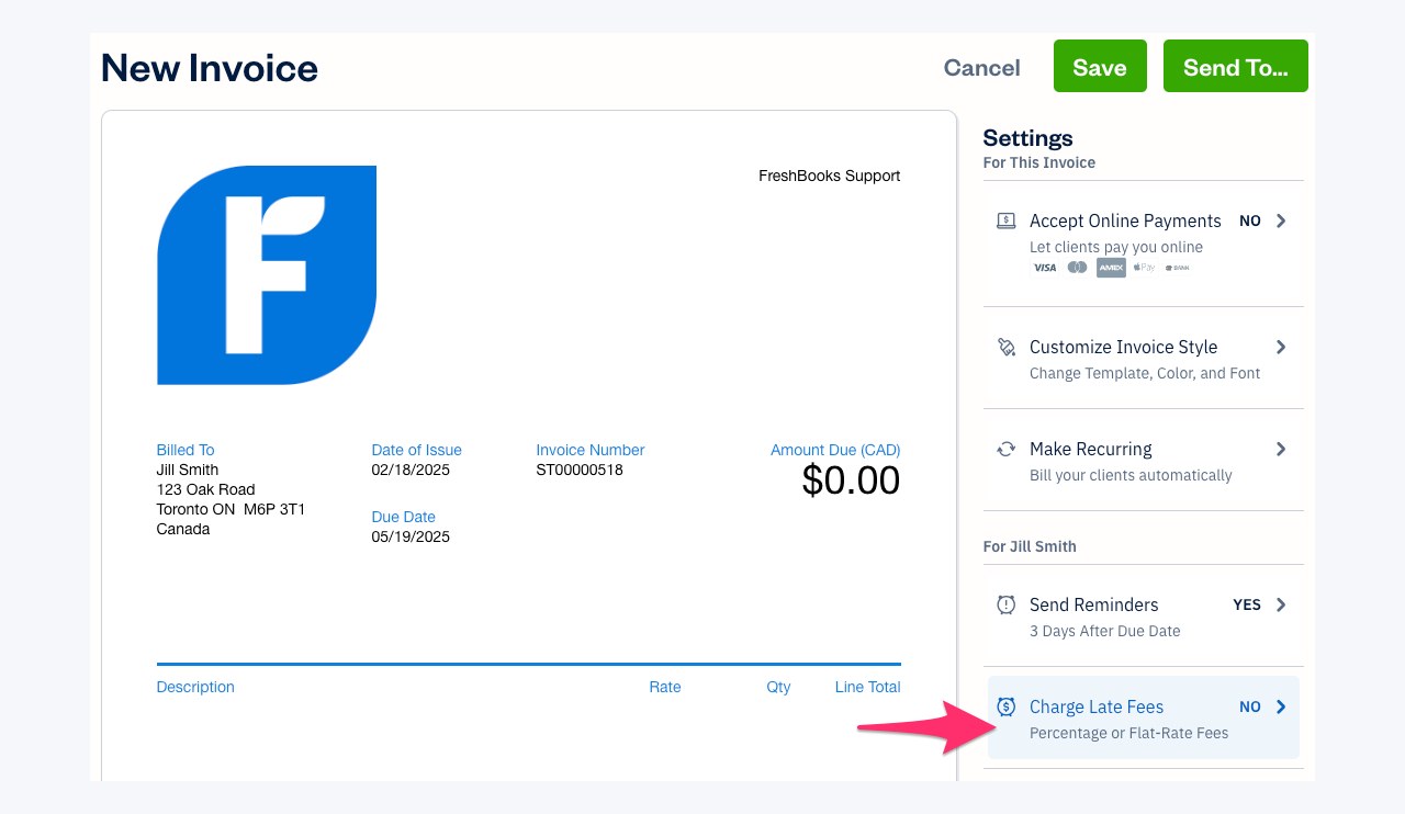 Setting up automatic late fees on an invoice in FreshBooks (official help documentation)