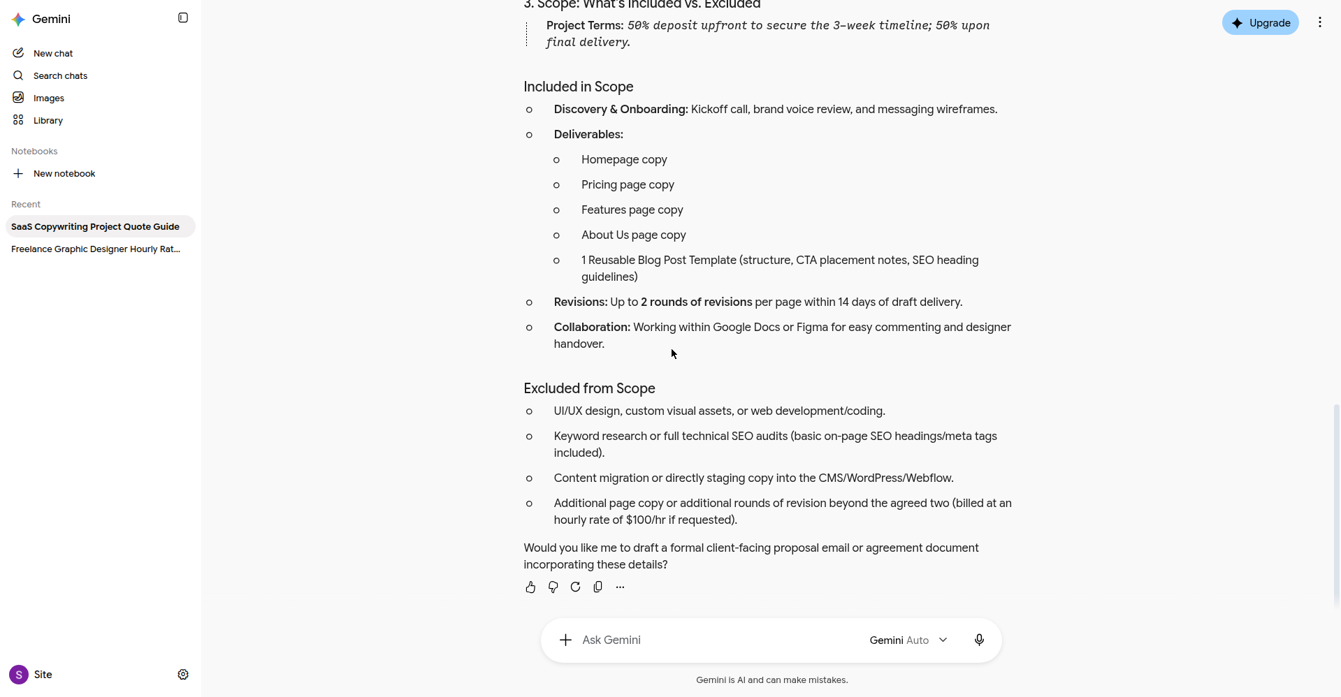 Screenshot of Gemini's quote exclusions and payment terms for the freelance project