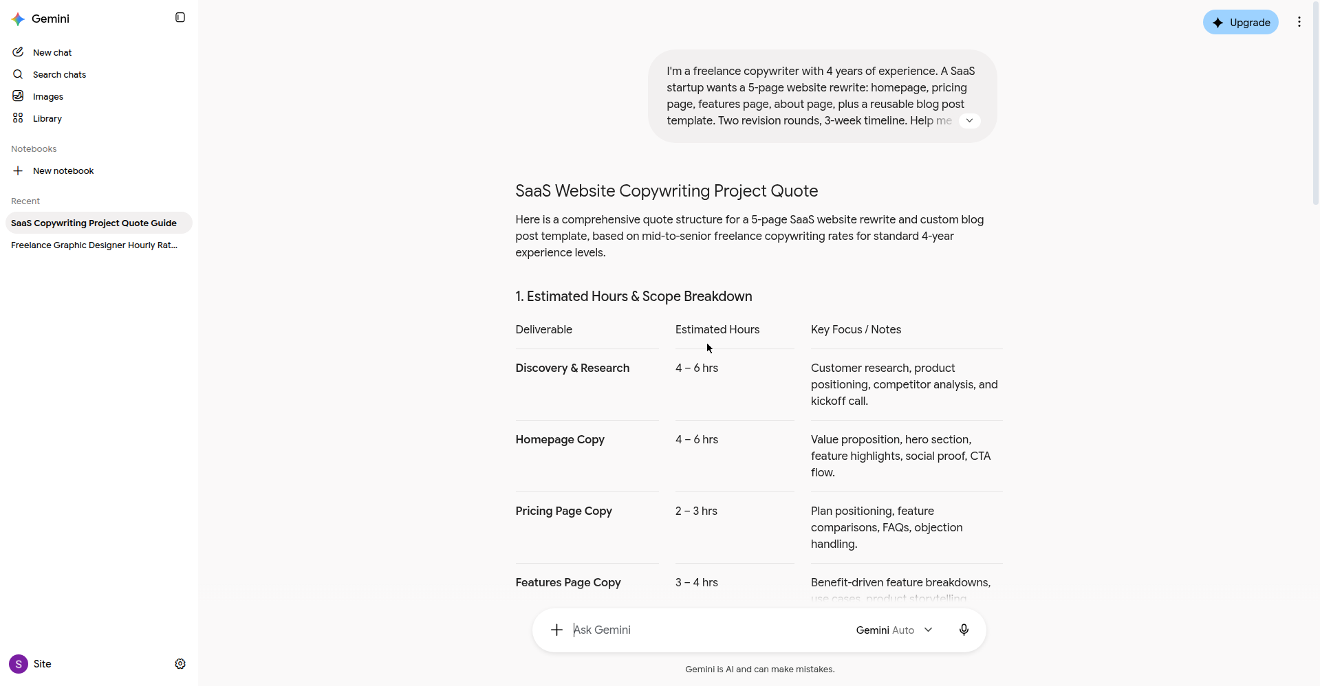 Screenshot of Gemini's hour-by-hour estimate for a 5-page website copywriting project