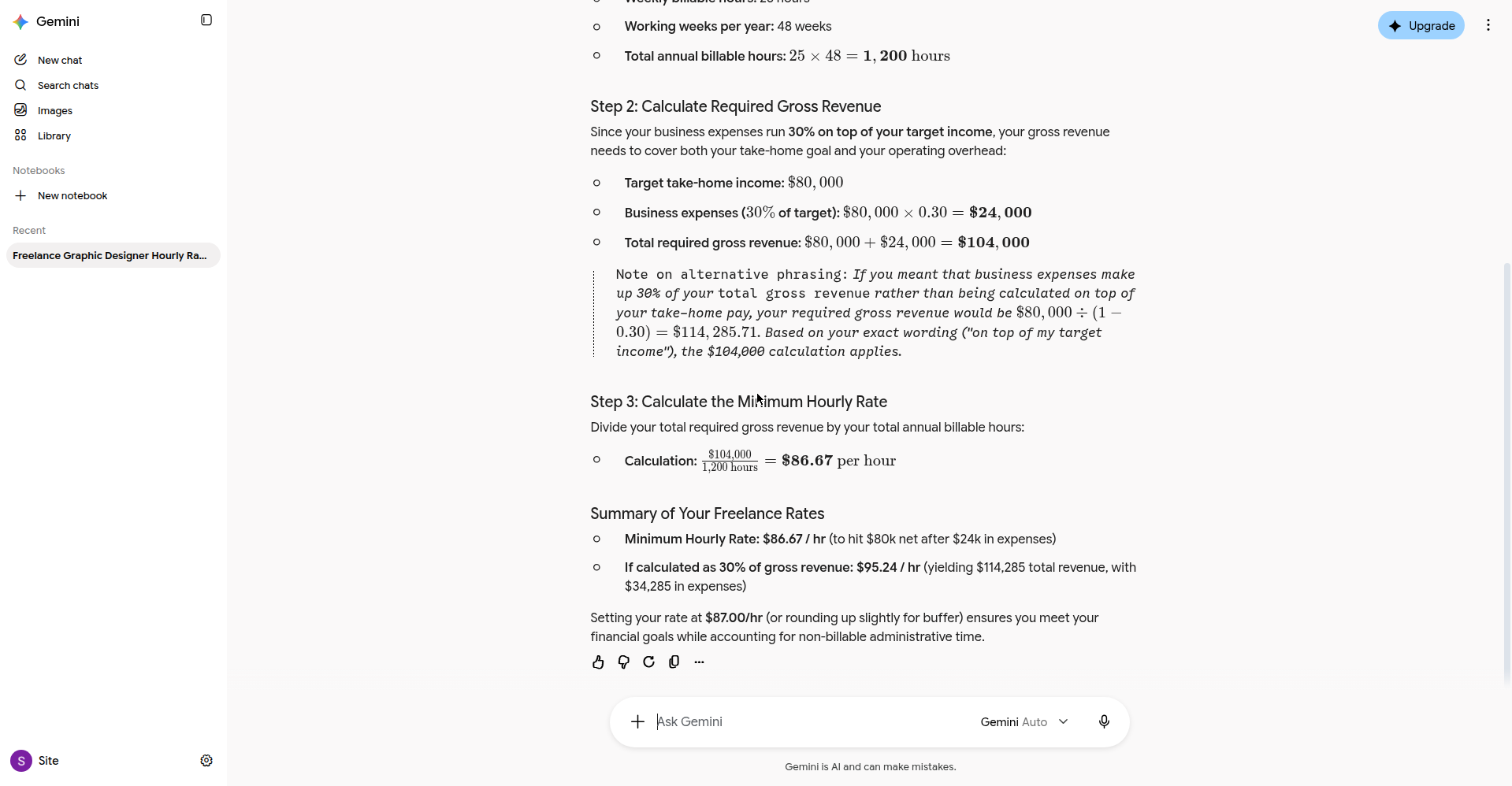 Screenshot of Gemini's summary table recommending an $87 per hour minimum freelance rate