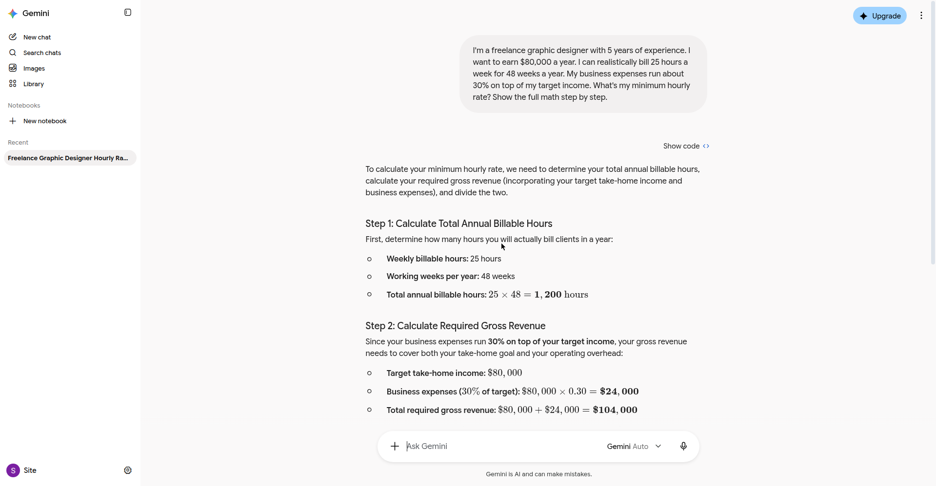 Screenshot of Gemini's step-by-step minimum hourly rate calculation for a freelance designer