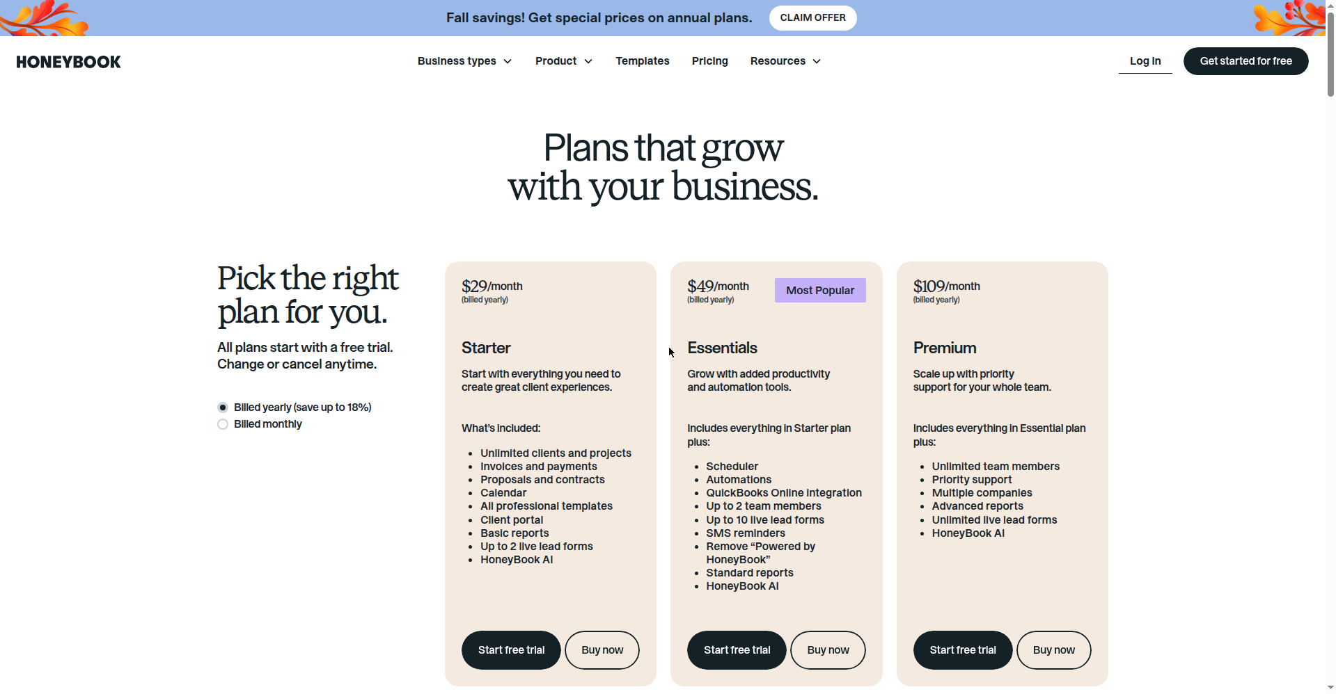 Screenshot of HoneyBook's pricing page with Starter, Essentials and Premium tiers