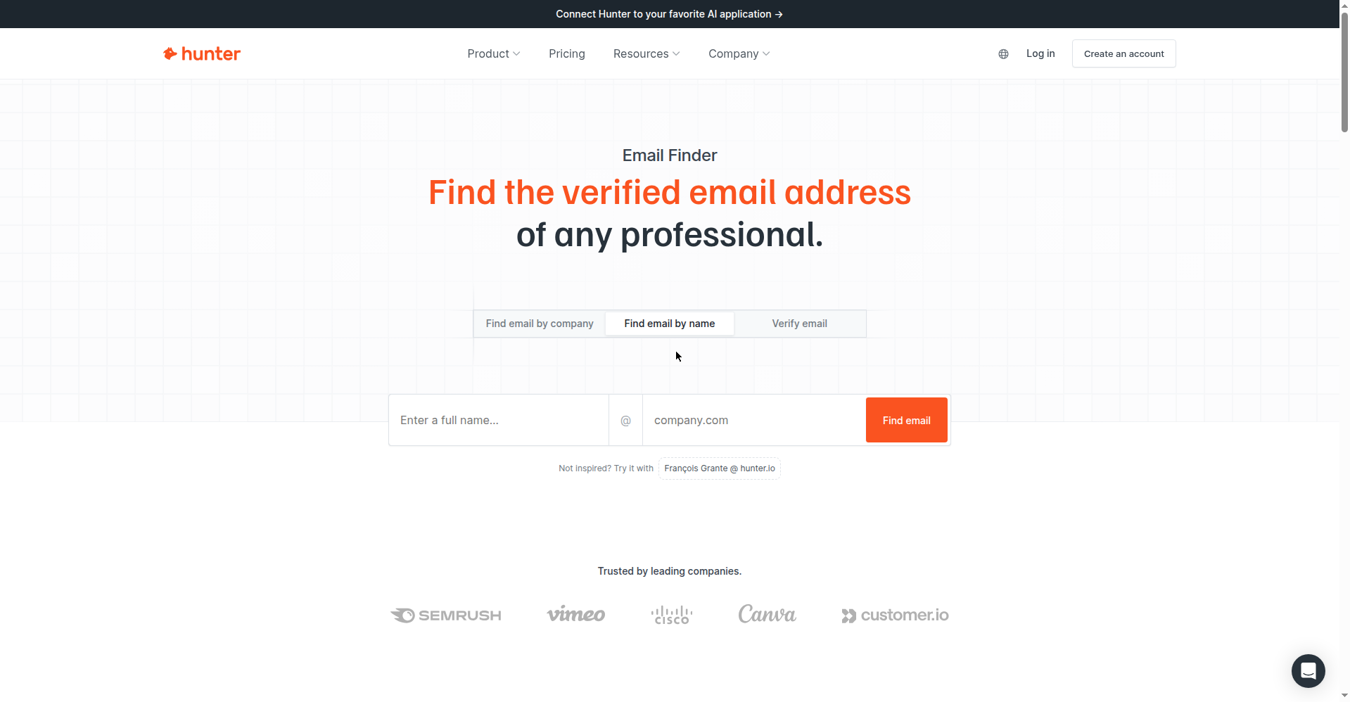 Hunter.io Email Finder interface for finding verified prospect emails