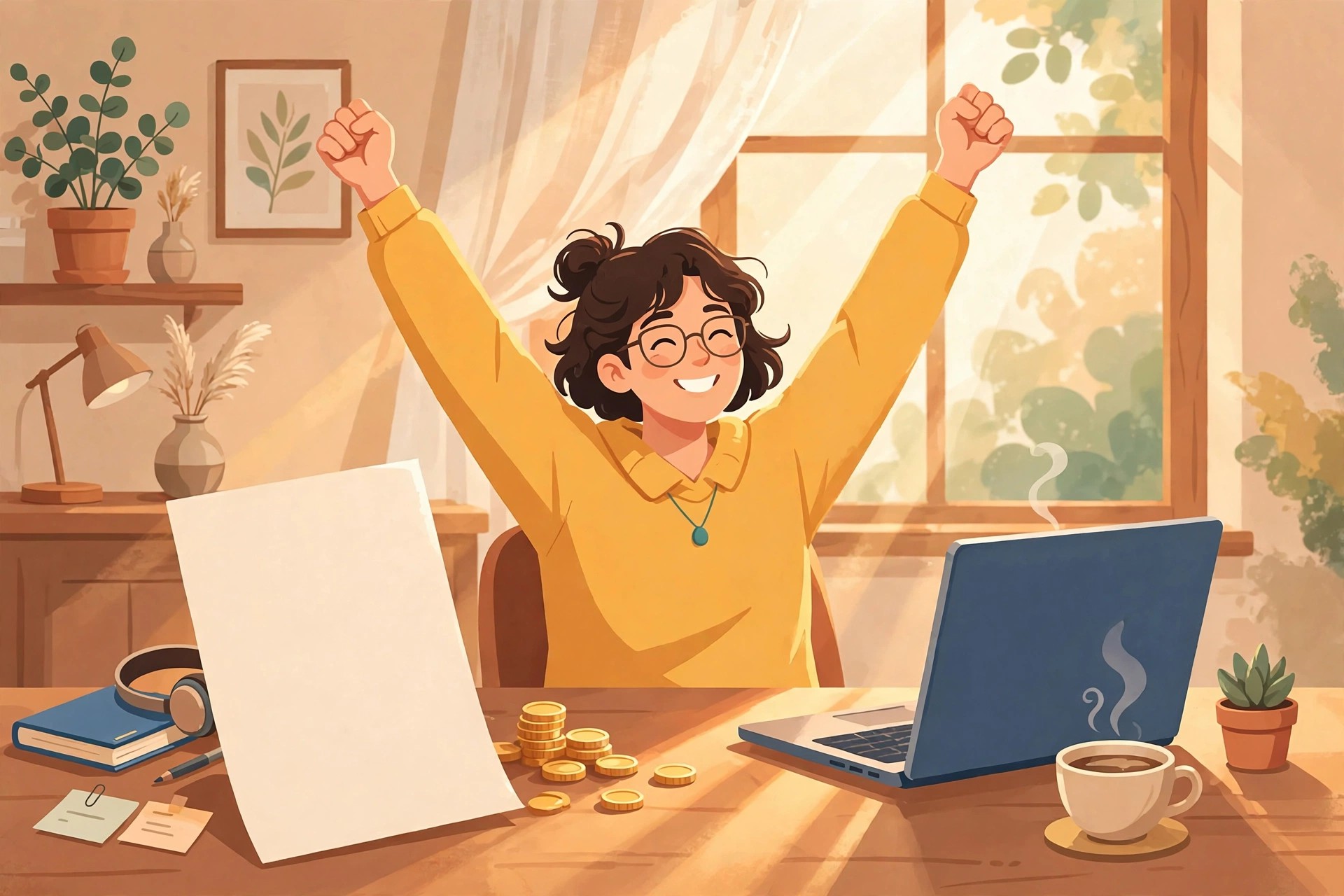 Illustration of a freelancer's relief as an overdue invoice is finally marked paid