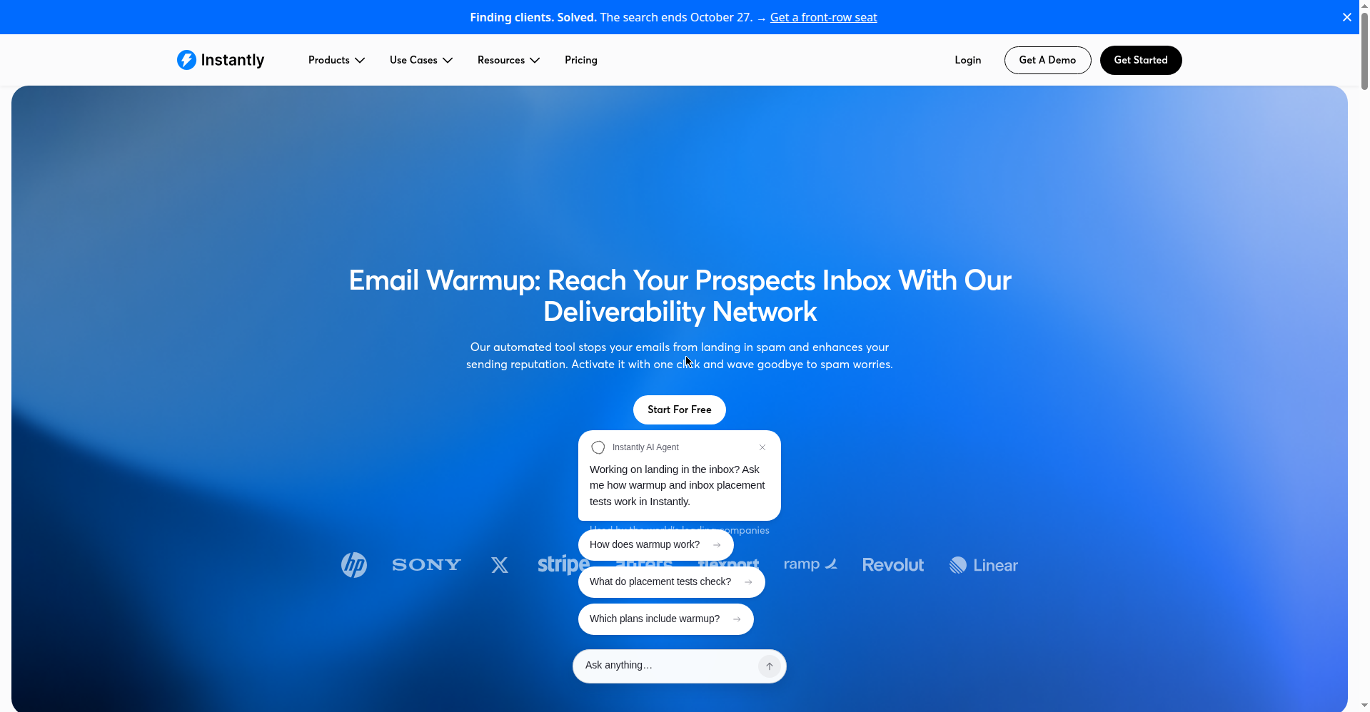 Instantly email warmup page for deliverability