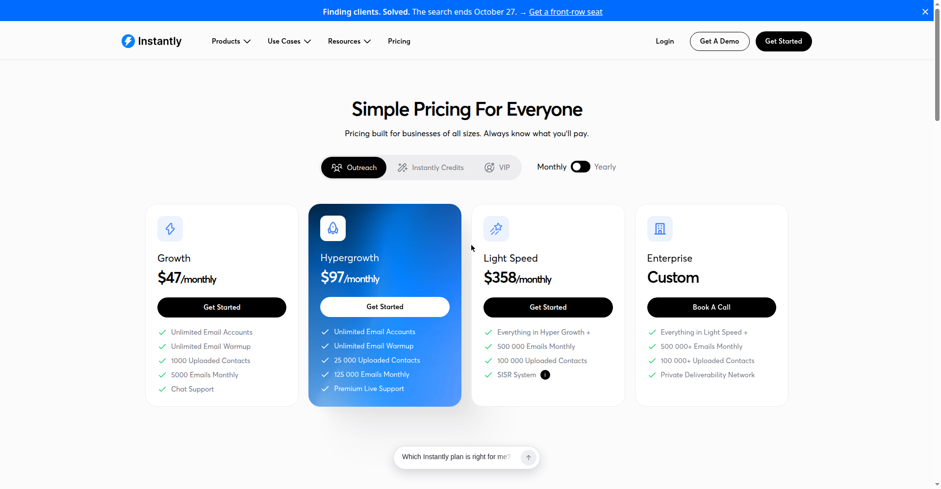 Instantly.ai pricing page October 2026 for cold email outreach