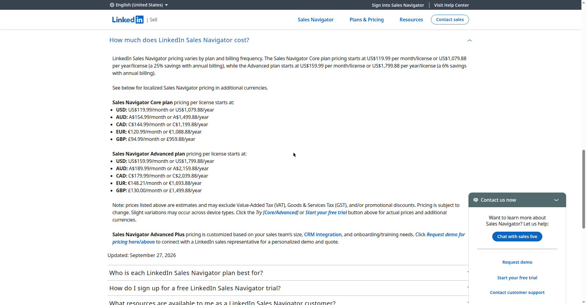 LinkedIn Sales Navigator pricing plans, updated September 2026
