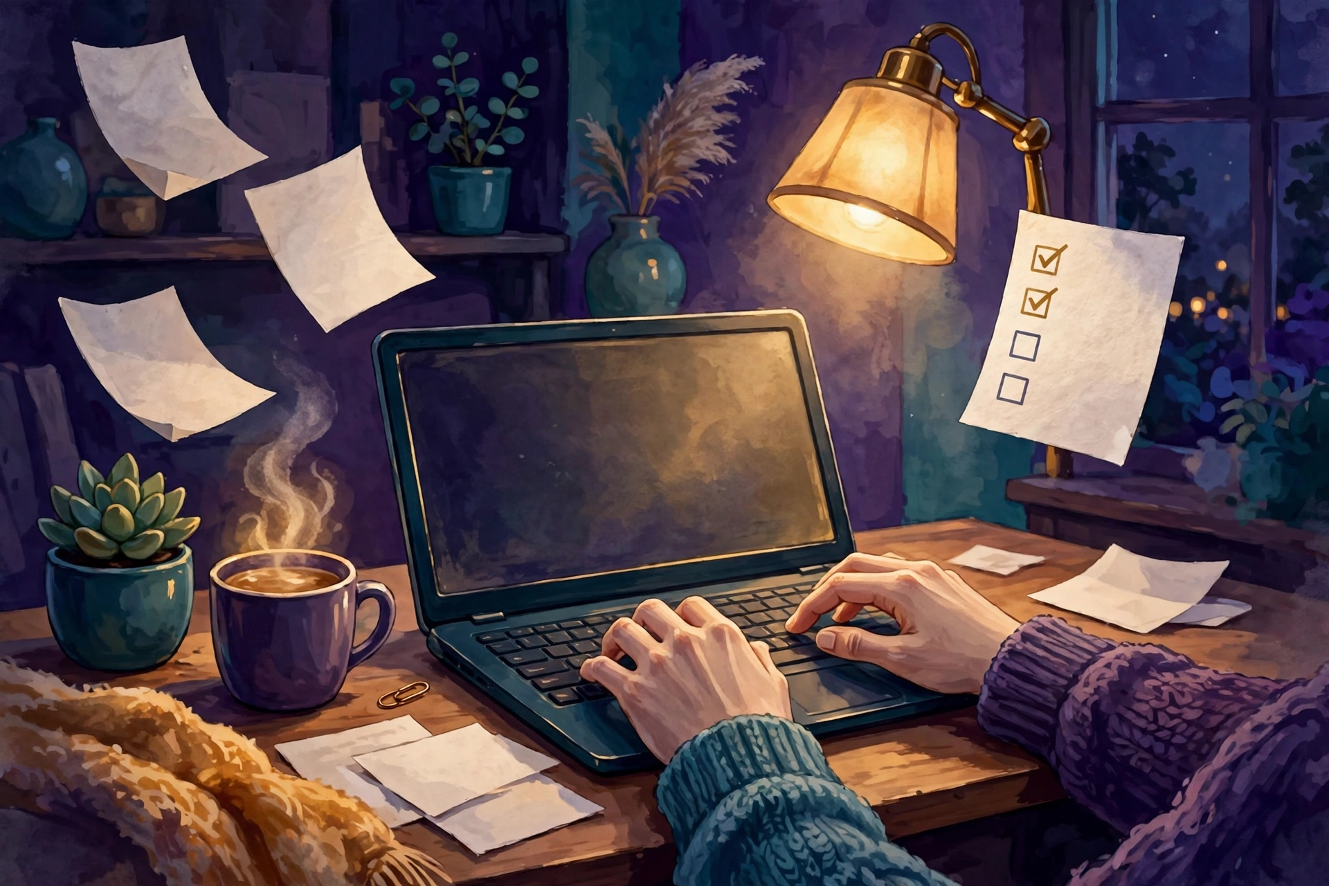 Illustration of a freelancer drafting a proposal on a laptop at a warmly lit desk