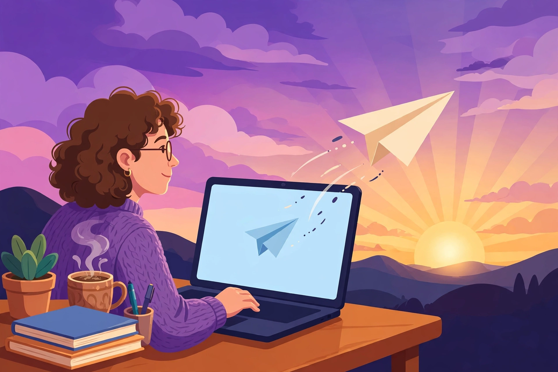 Illustration of a freelancer sending a proposal, a paper plane flying from the laptop toward a sunrise