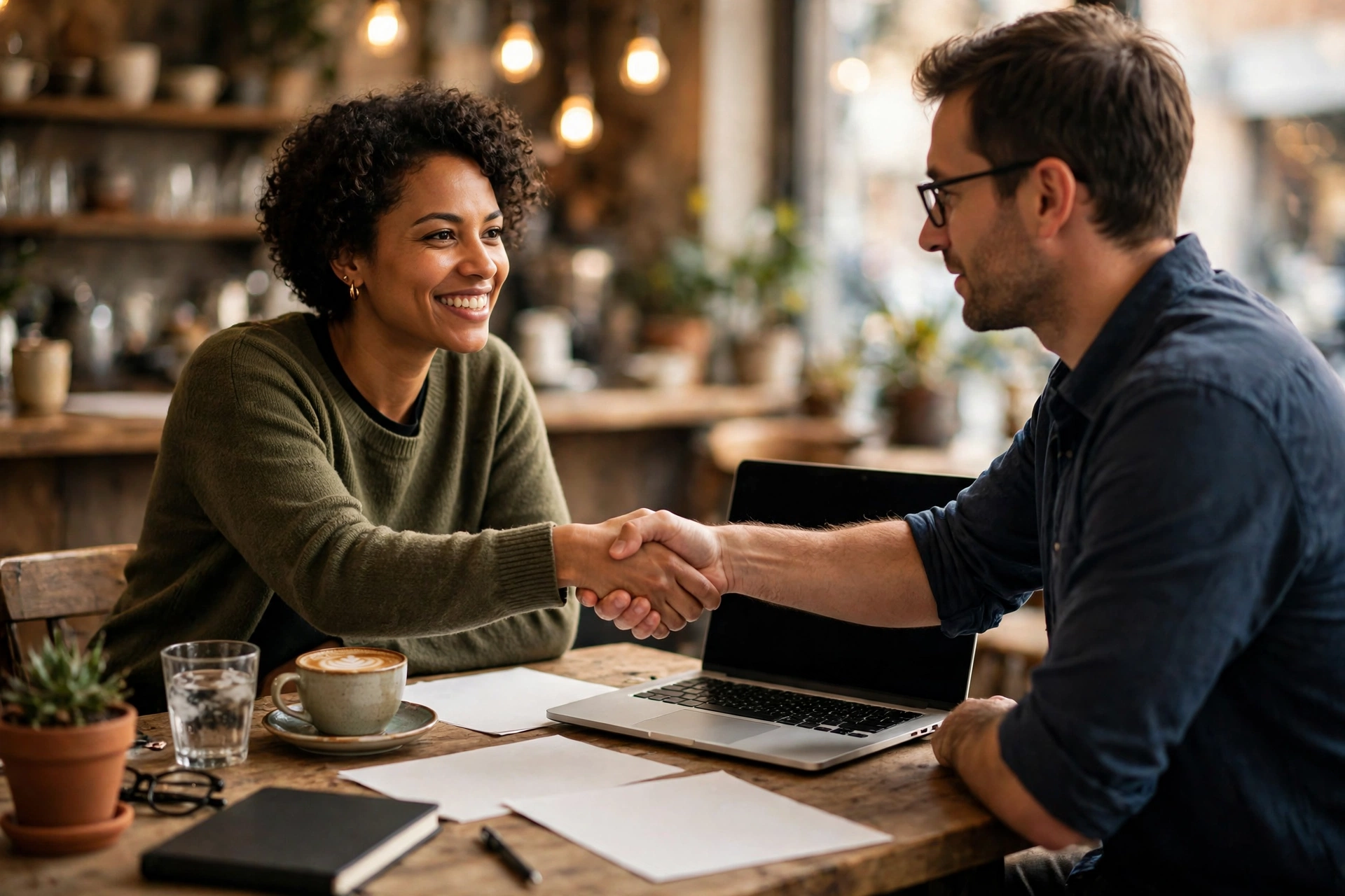 Illustration of two freelancers shaking hands over proposals at a cafe table