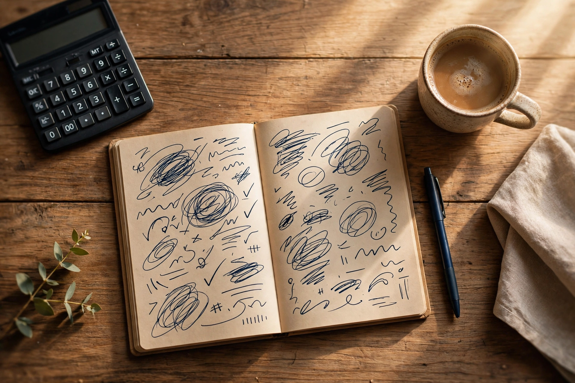 Illustration of a freelancer’s desk with calculator and notebook full of pricing math
