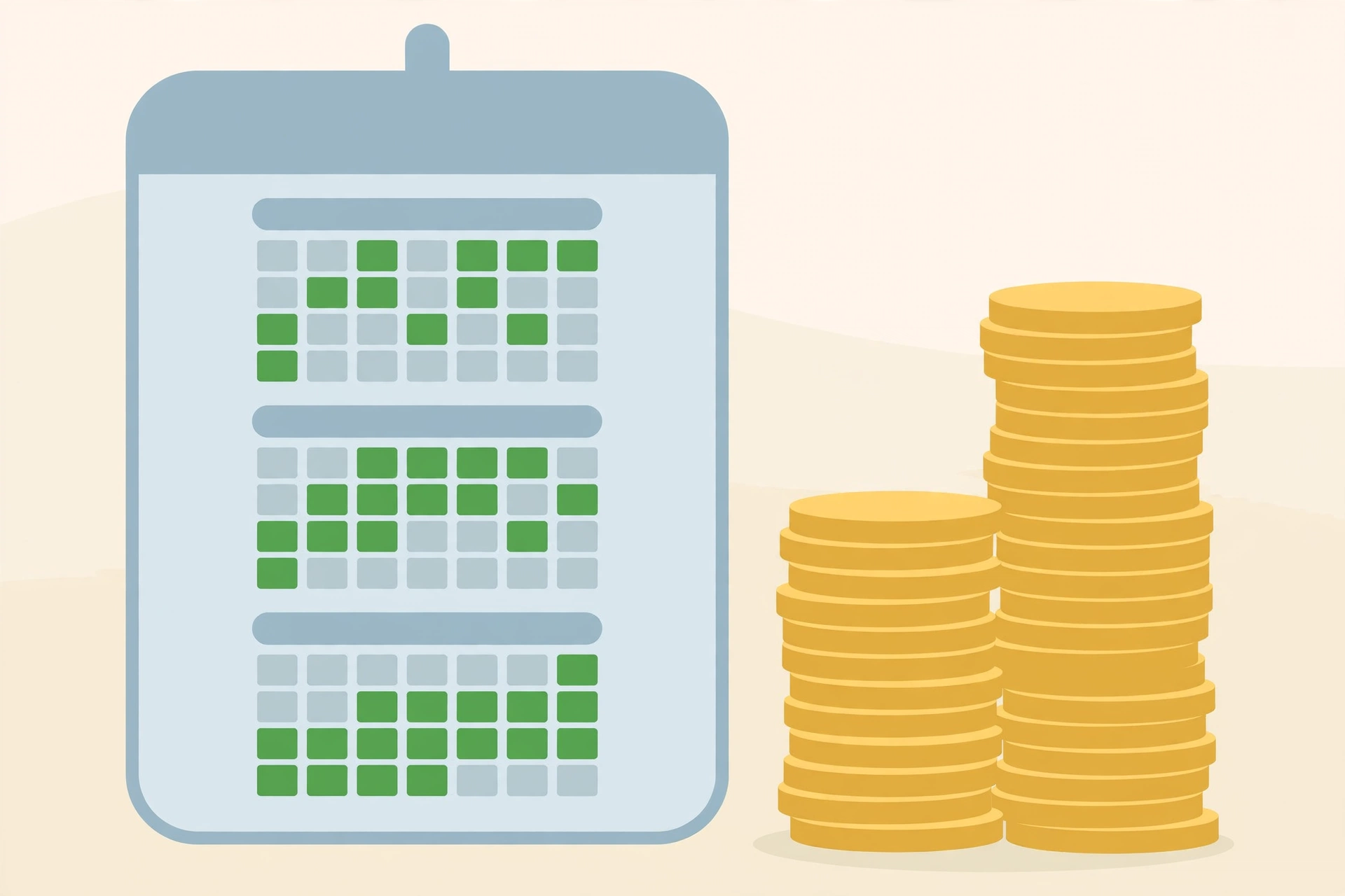 Illustration of a calendar with highlighted months and a growing stack of coins symbolizing retainer income
