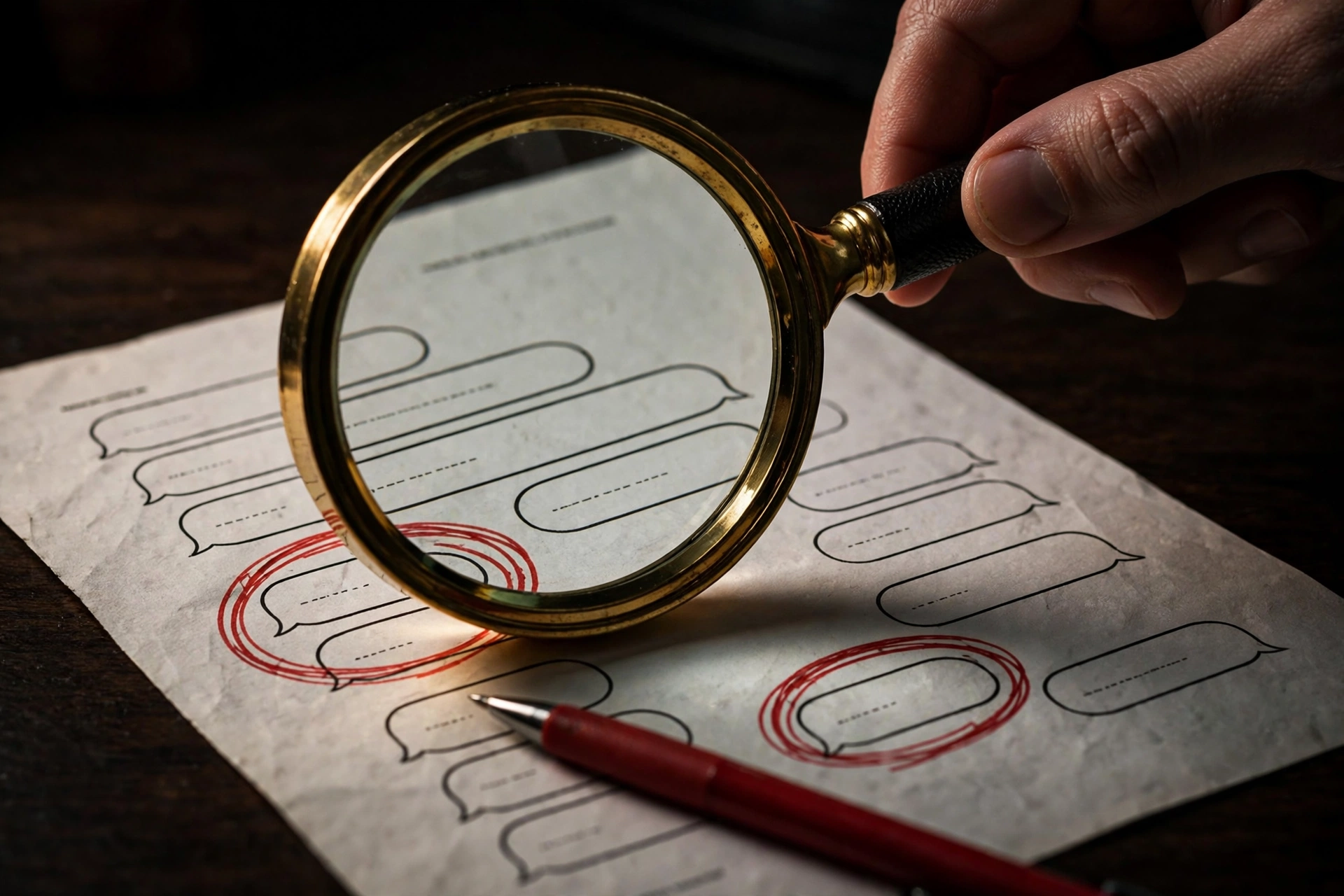 Illustration of a magnifying glass over a printed AI answer with a red pen circling numbers