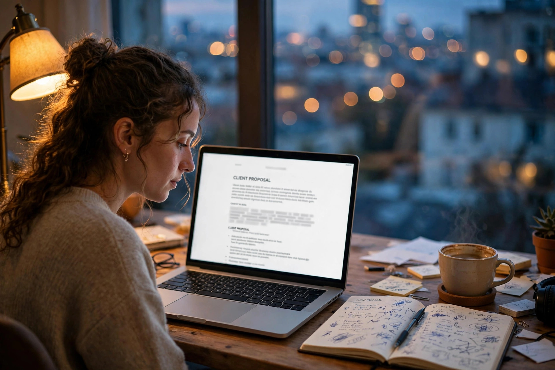 Freelancer learning how to write freelance proposals with AI at a home office desk