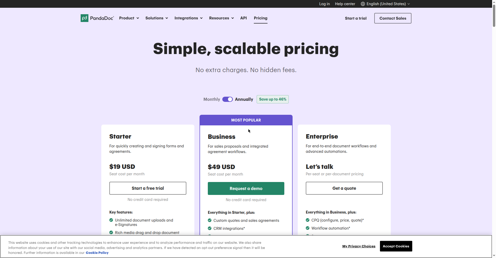 Screenshot of PandaDoc's pricing page showing free plan and paid tiers