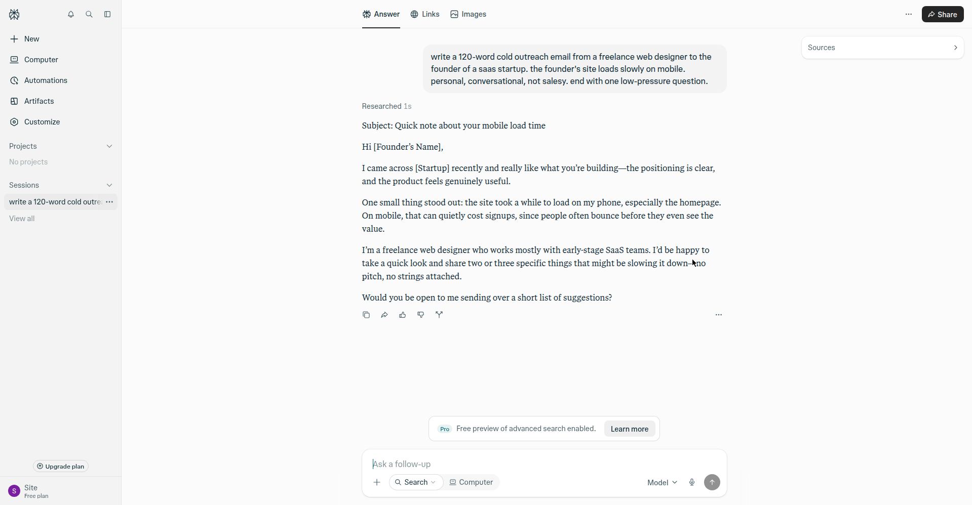 Real AI-generated cold outreach email from Perplexity with the prompt used