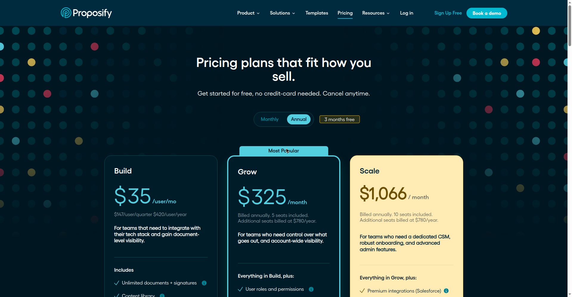 Screenshot of Proposify's pricing page with Build, Grow and Scale plans