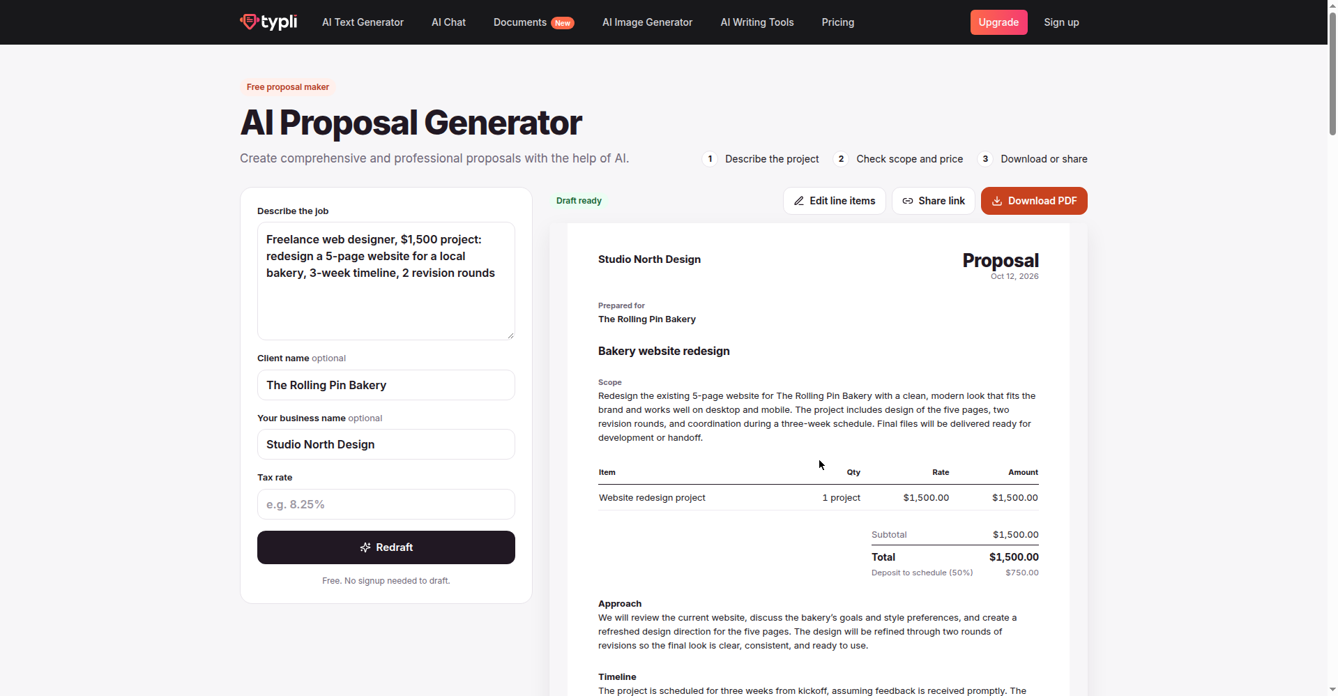 Screenshot of Typli.ai's free AI proposal generator output for a $1,500 bakery website redesign, showing scope, line-item pricing table and timeline